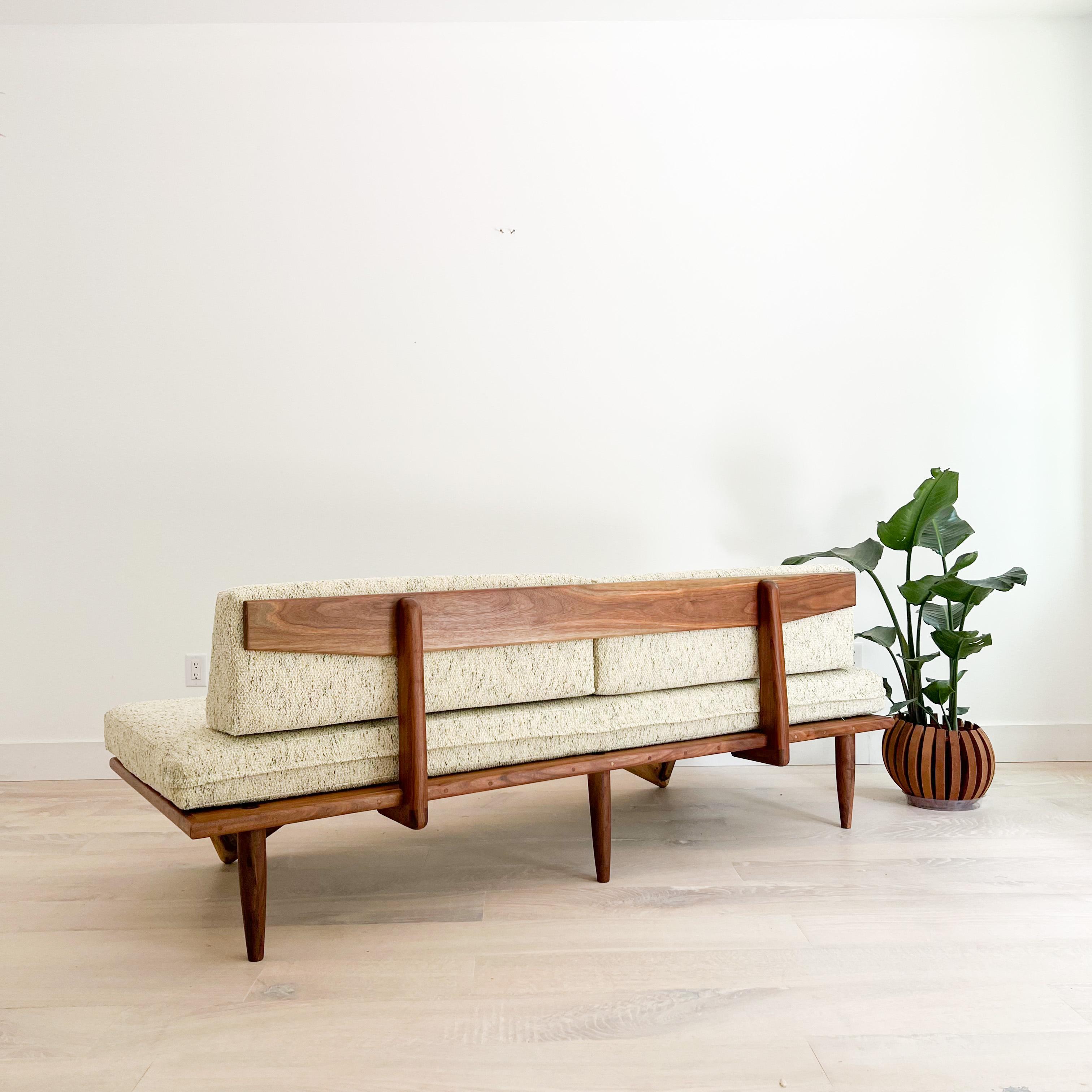 Modern Mid-Century Style Handmade Sculpted Walnut Platform Sofa Boomerang Legs 11