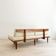 Modern Mid-Century Style Handmade Sculpted Walnut Platform Sofa Boomerang Legs
