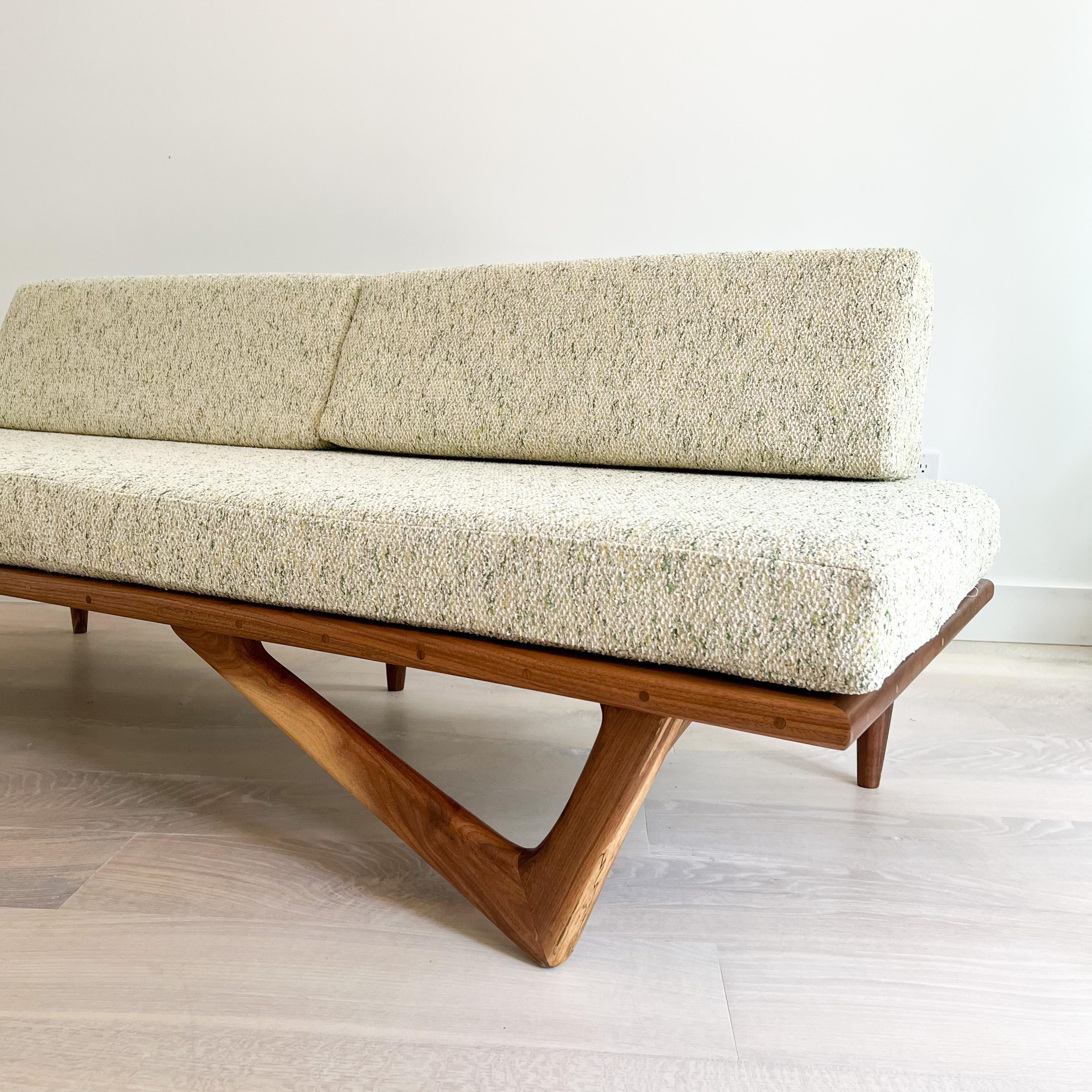 American Modern Mid-Century Style Handmade Sculpted Walnut Platform Sofa Boomerang Legs