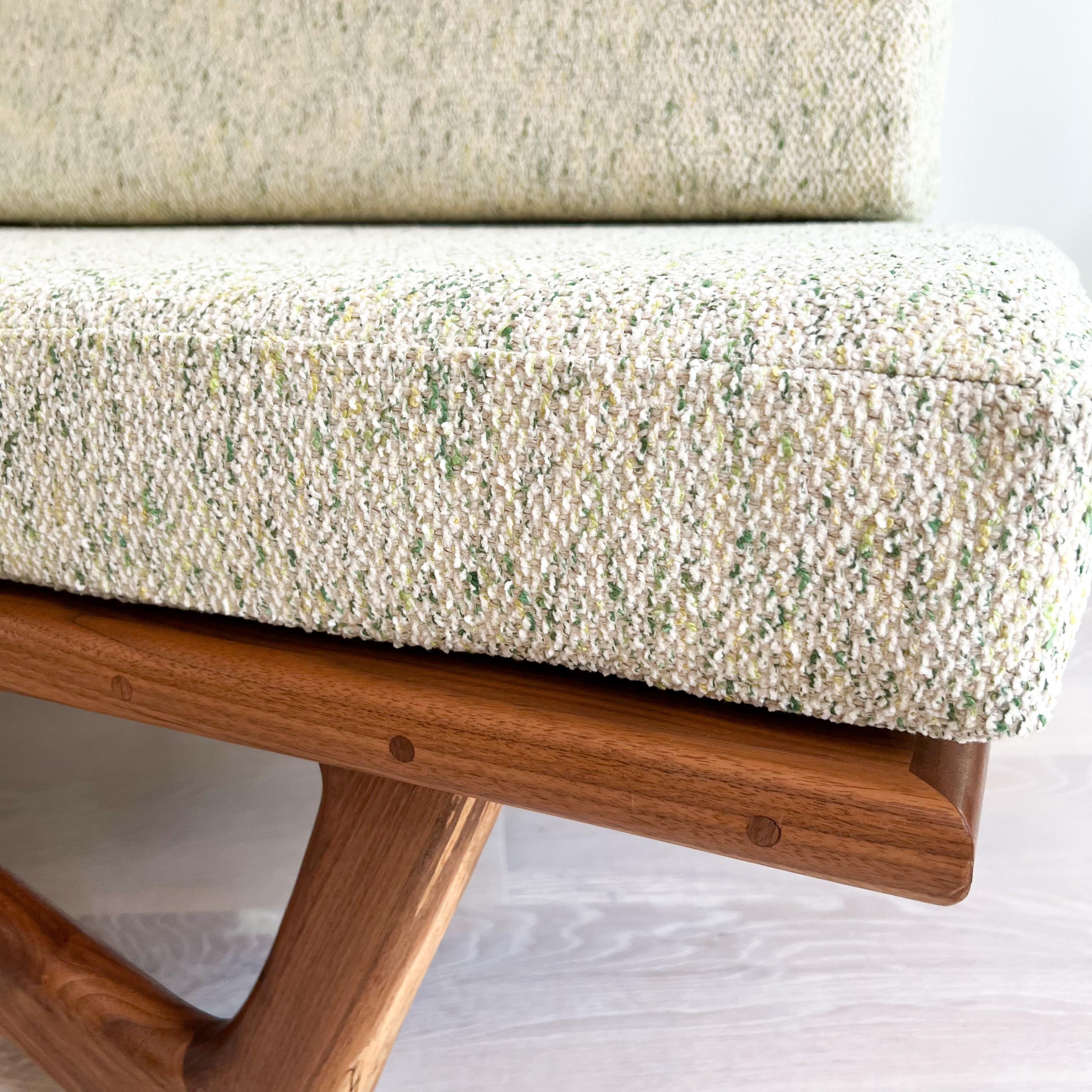 Modern Mid-Century Style Handmade Sculpted Walnut Platform Sofa Boomerang Legs In Excellent Condition In Asheville, NC