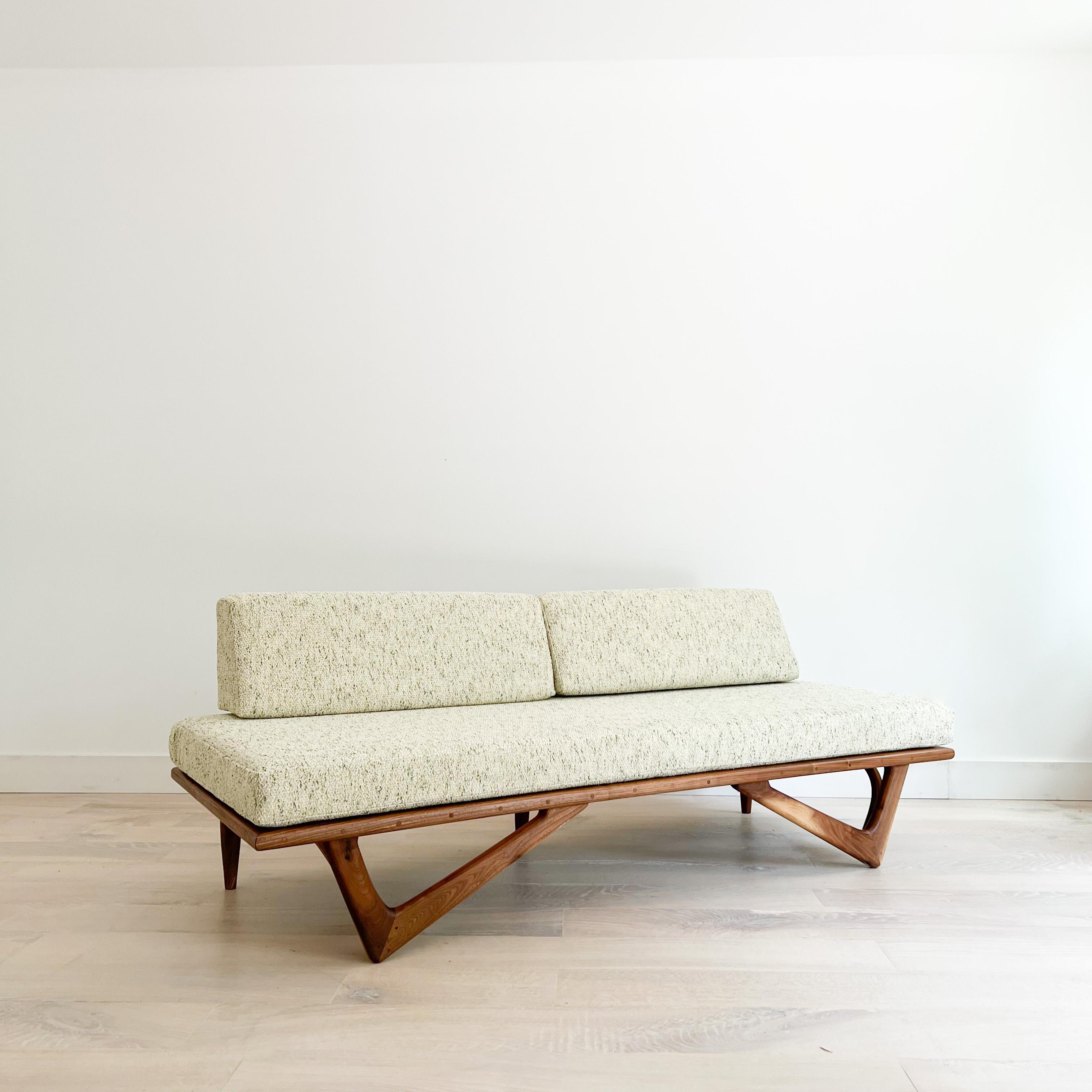 Upholstery Modern Mid-Century Style Handmade Sculpted Walnut Platform Sofa Boomerang Legs