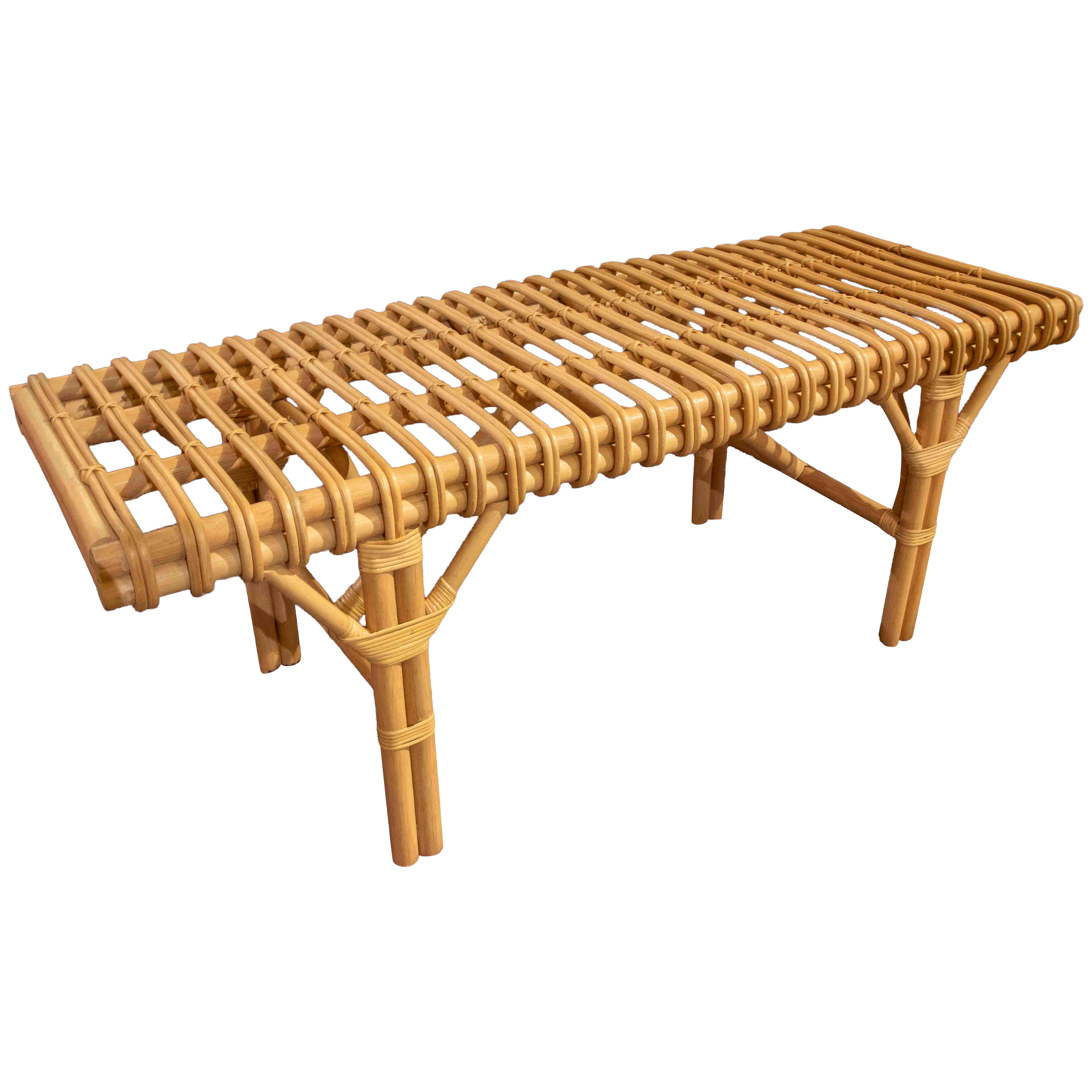 Modern Mid-century Style Rattan and Bamboo Bench For Sale