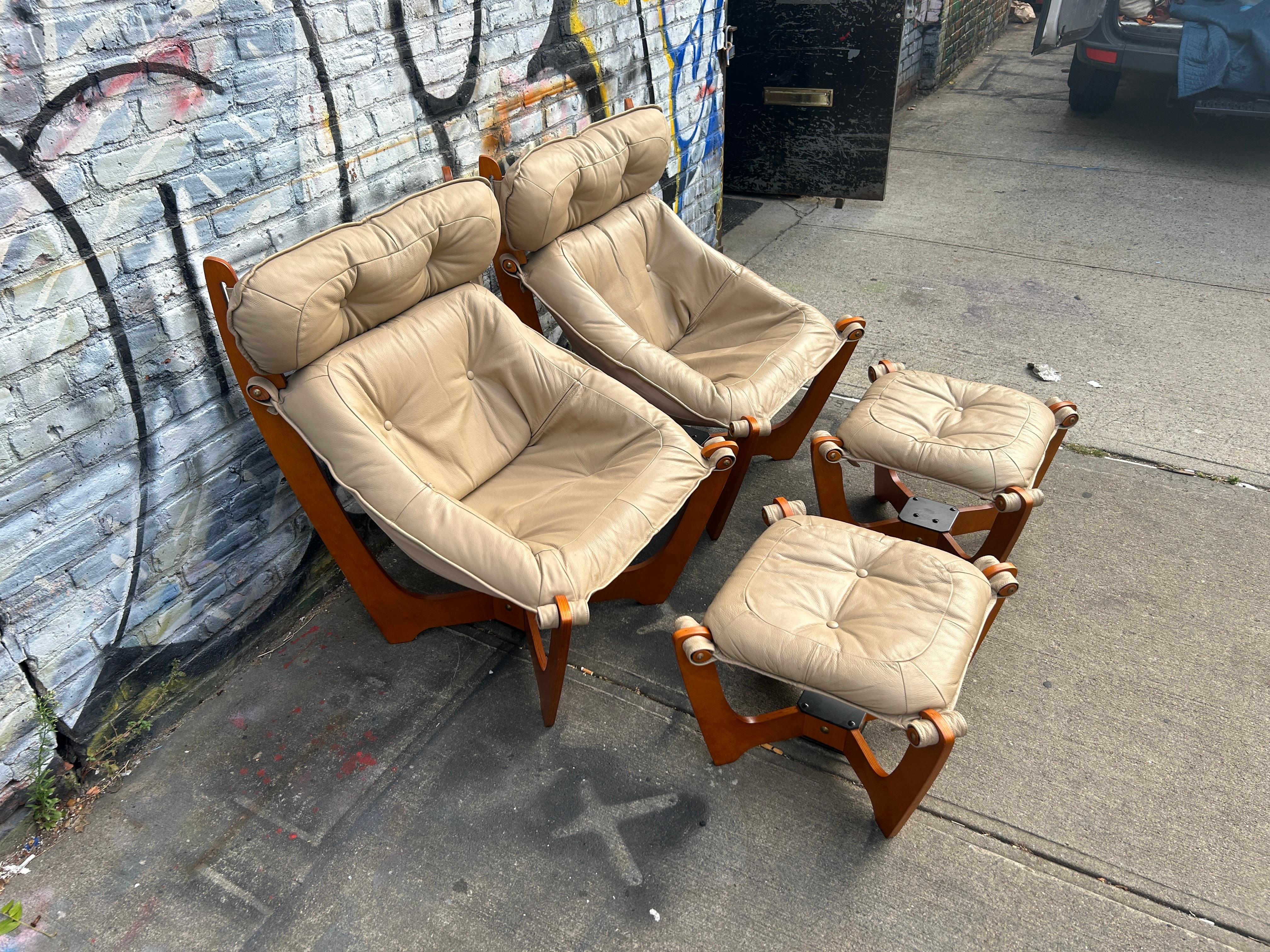 Mid-Century Modern Modern Mid Century Style tan leather Luna sling lounge chair and ottoman