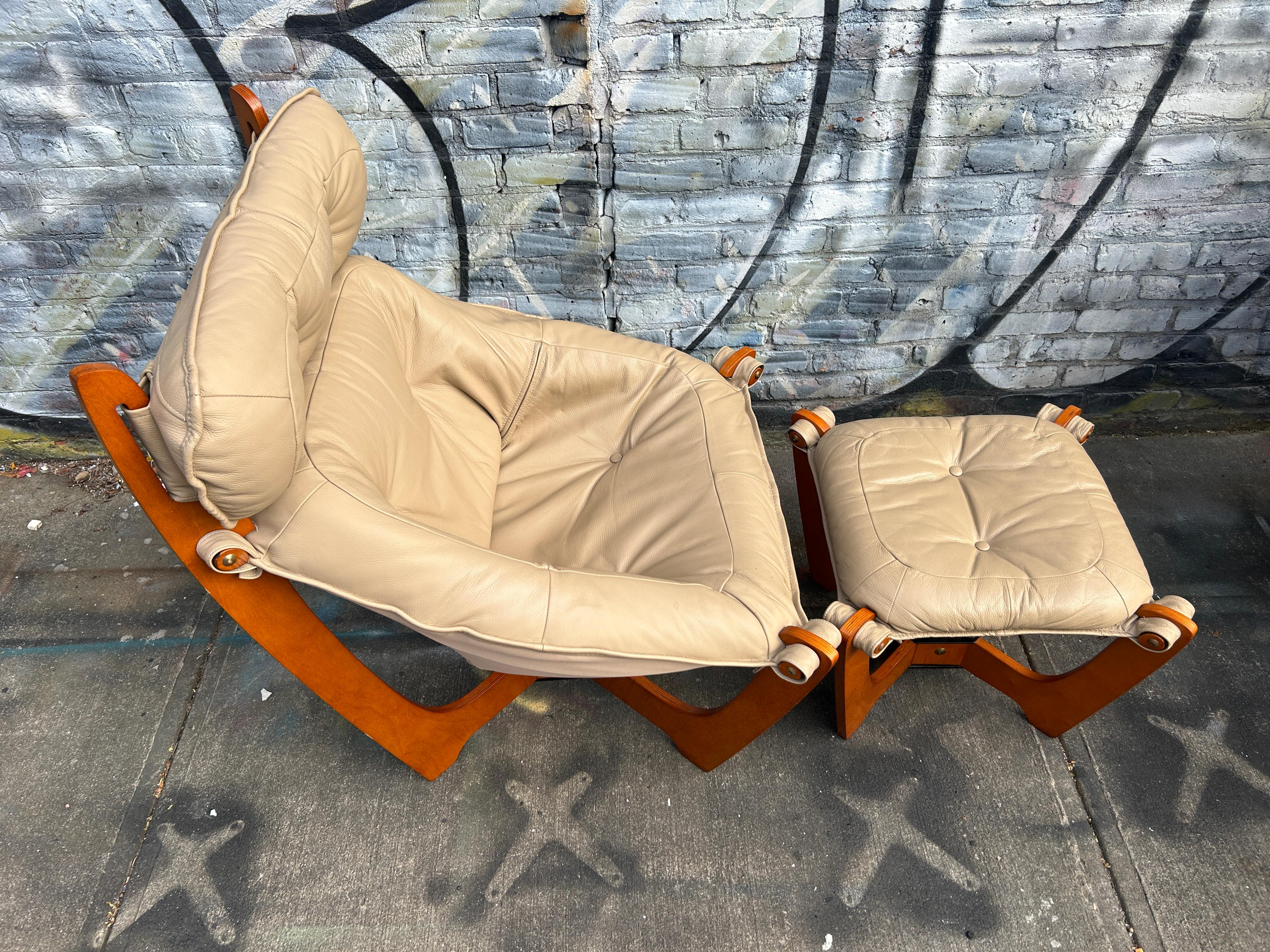Woodwork Modern Mid Century Style tan leather Luna sling lounge chair and ottoman