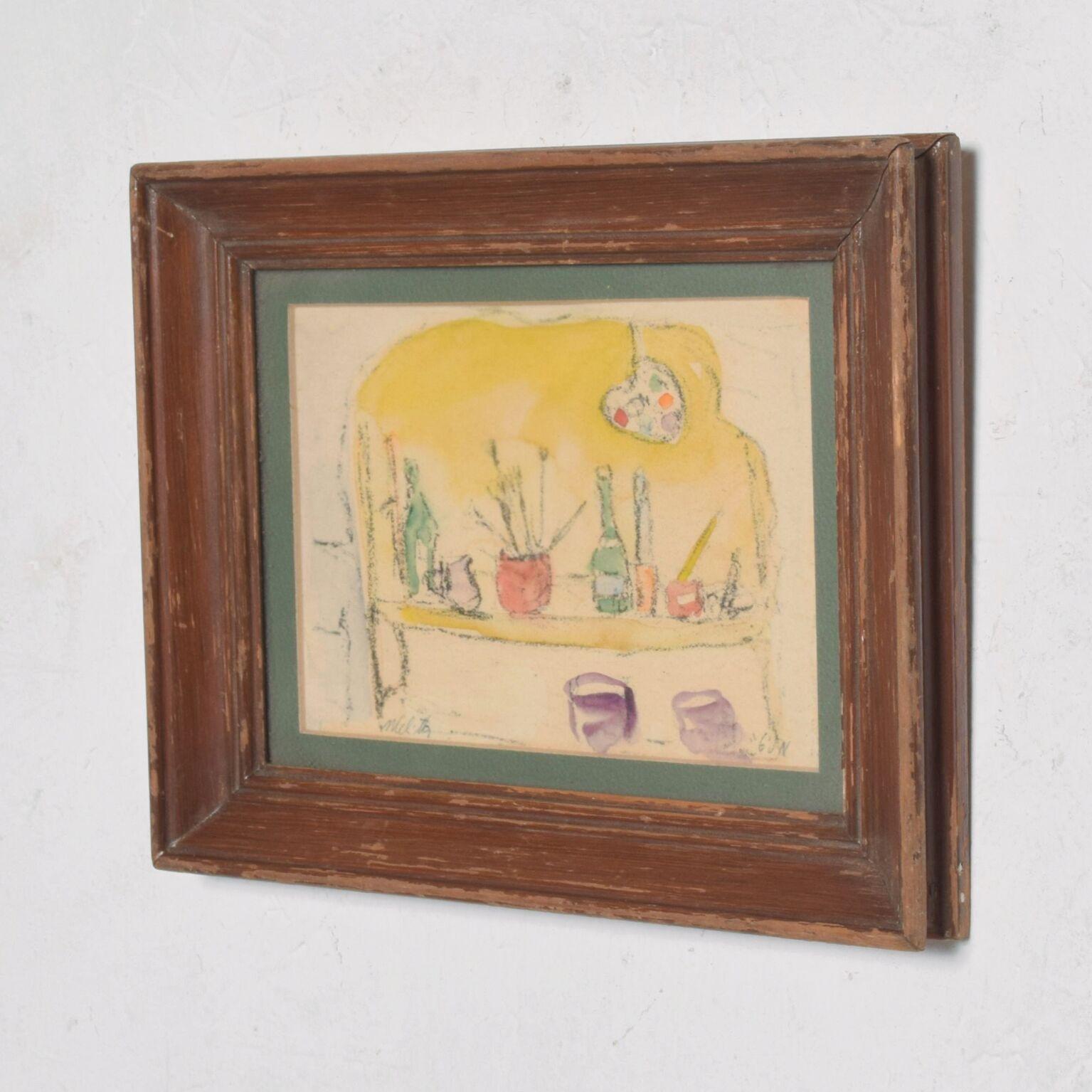 Vintage still life drawing in yellow, green and purple colors signed which appears to be Melita in lower left corner and signed on bottom right corner as well.
It seems to be a lithograph watercolor on paper.
 10.75