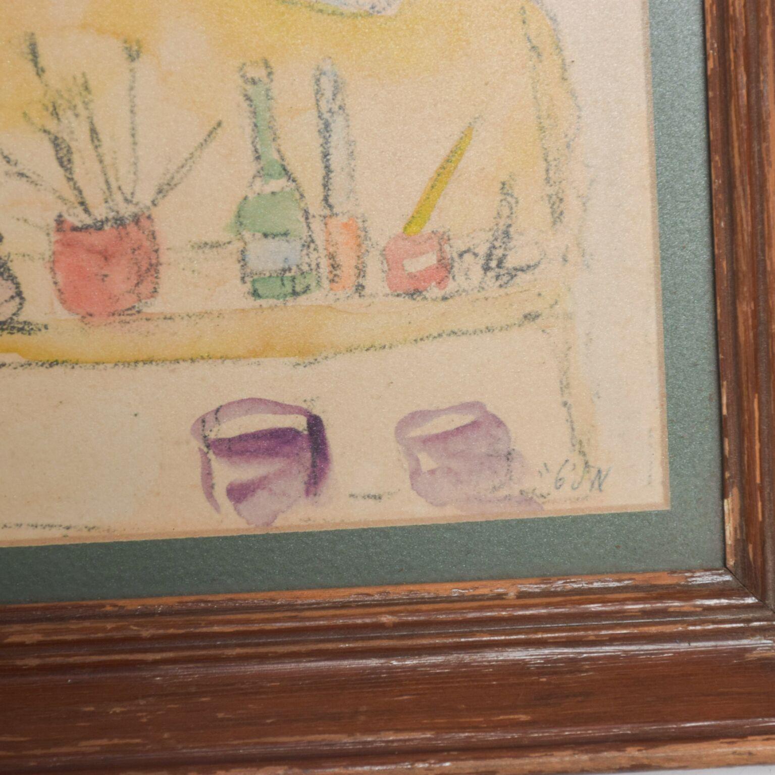 1950s Vintage Still Life Drawing Yellow Purple Lithograph In Fair Condition In Chula Vista, CA