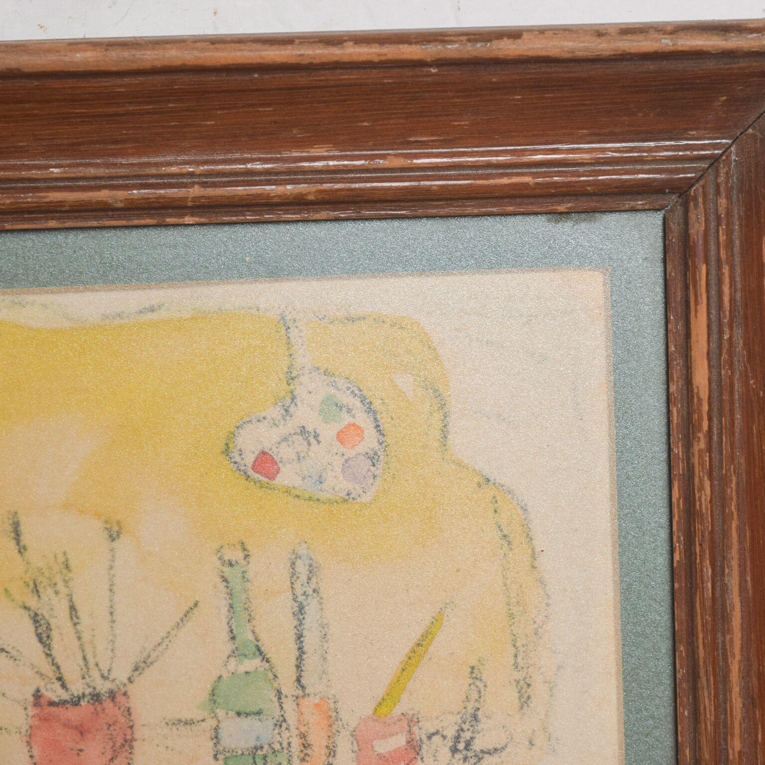 Mid-20th Century 1950s Vintage Still Life Drawing Yellow Purple Lithograph