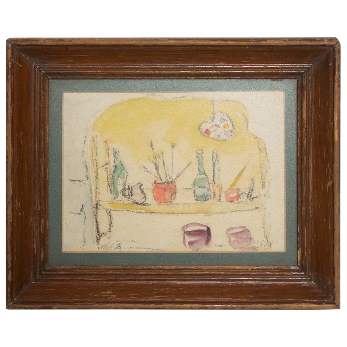 1950s Vintage Still Life Drawing Yellow Purple Lithograph