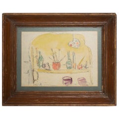 1950s Vintage Still Life Drawing Yellow Purple Lithograph
