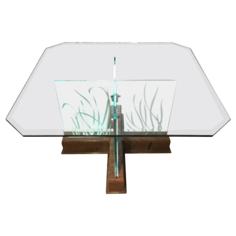 Modern Midcentury Etched Glass Illuminated Square Dining Table For Sale
