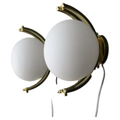 Retro Modern Pair of Brass and White Glass Globe Sconces, Stilnovo Style Wall Lights