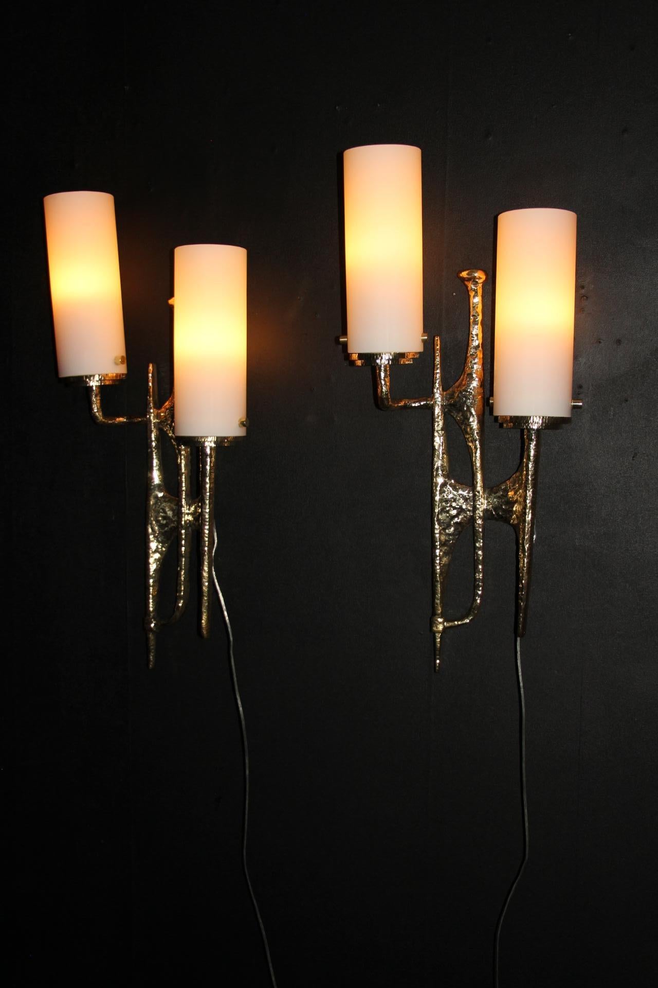 Modern Midcentury Pair of Felix Agostini Maison Arlus Style Bronze Wall Sconces For Sale 5