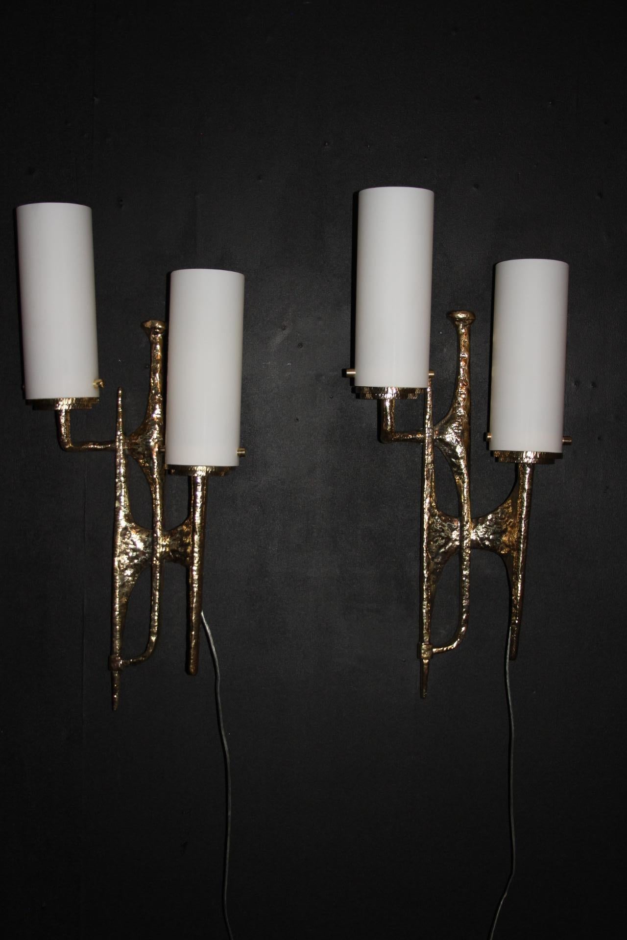 Modern Midcentury Pair of Felix Agostini Maison Arlus Style Bronze Wall Sconces For Sale 6