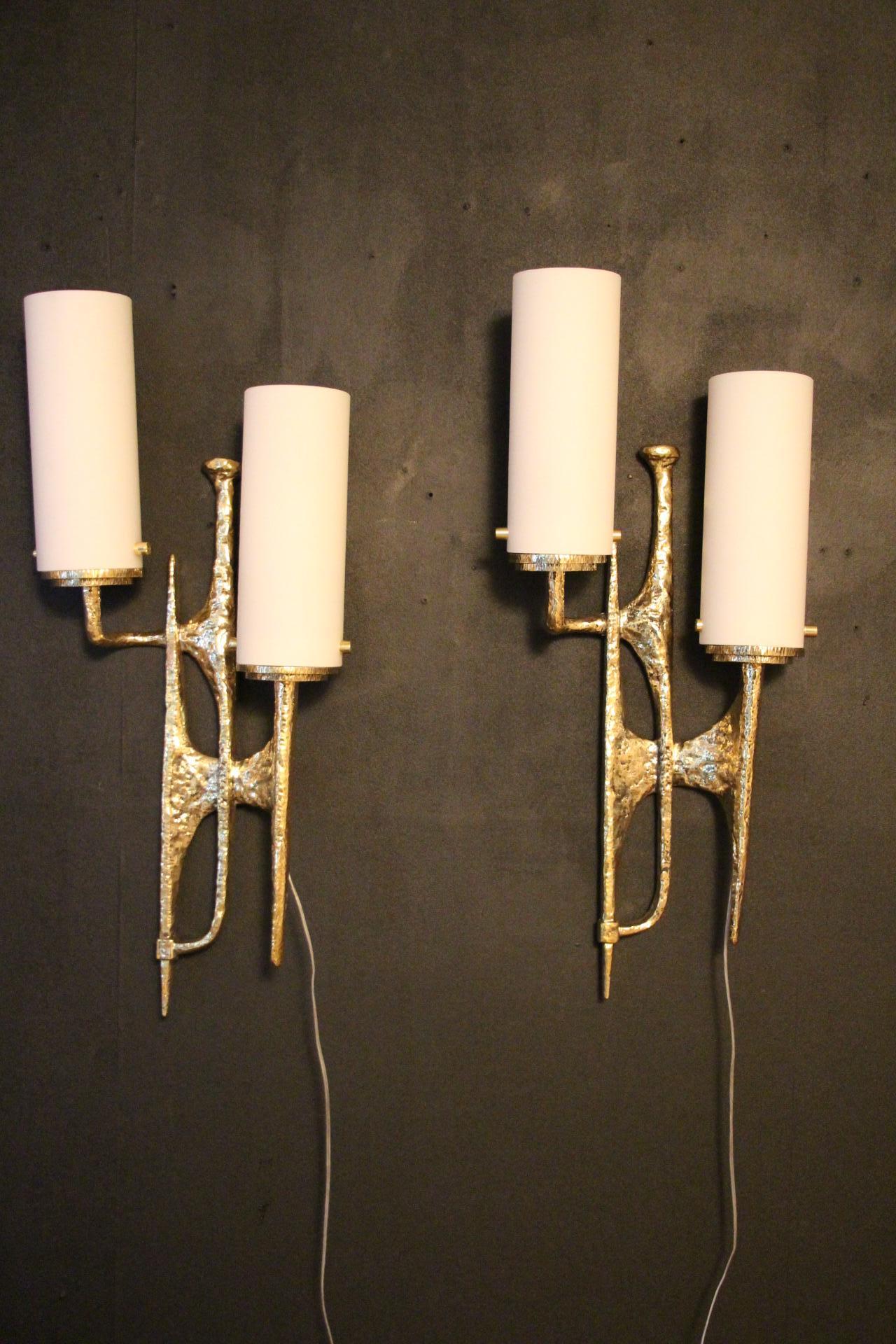 Modern Midcentury Pair of Felix Agostini Maison Arlus Style Bronze Wall Sconces For Sale 7