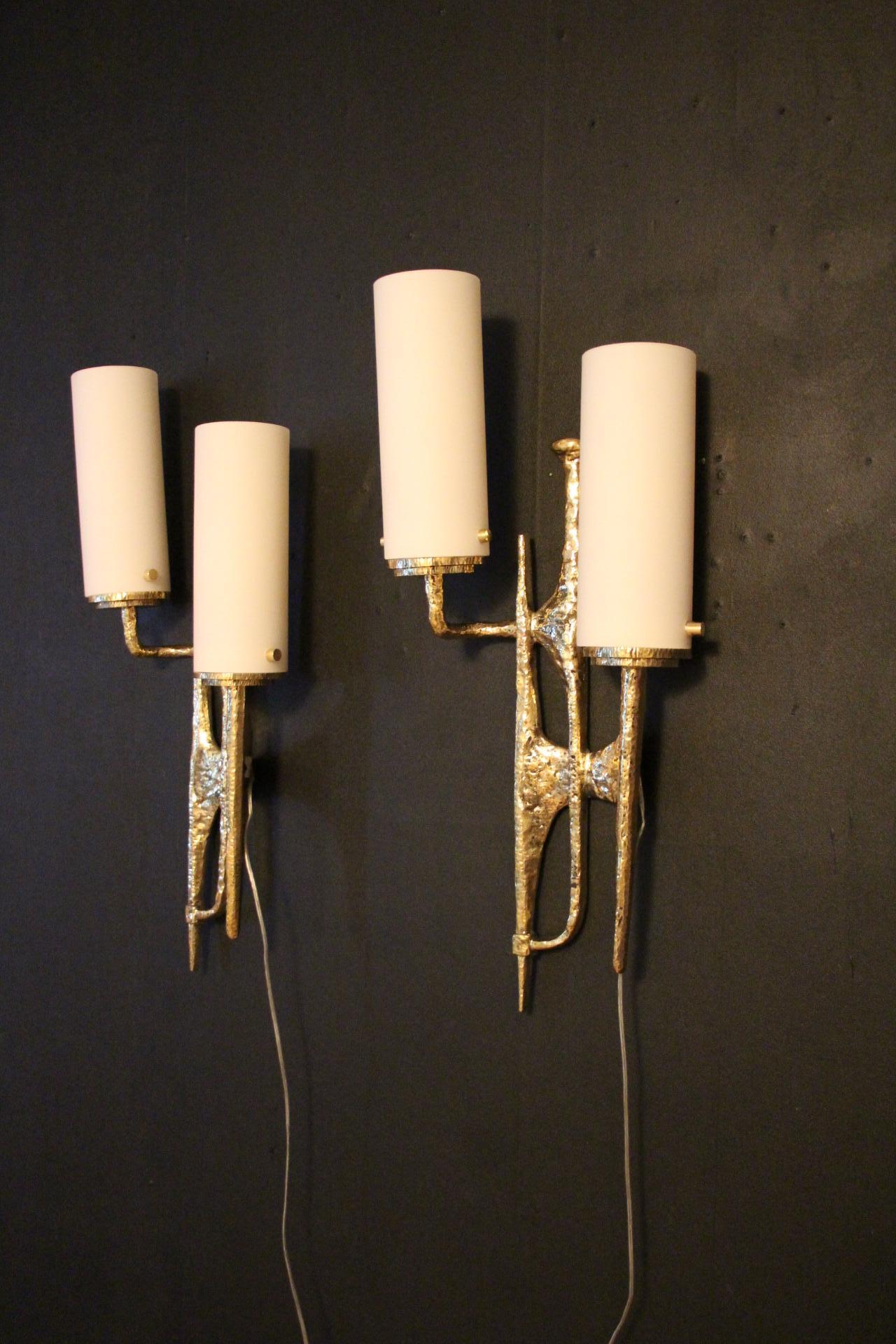 Modern Midcentury Pair of Felix Agostini Maison Arlus Style Bronze Wall Sconces For Sale 8