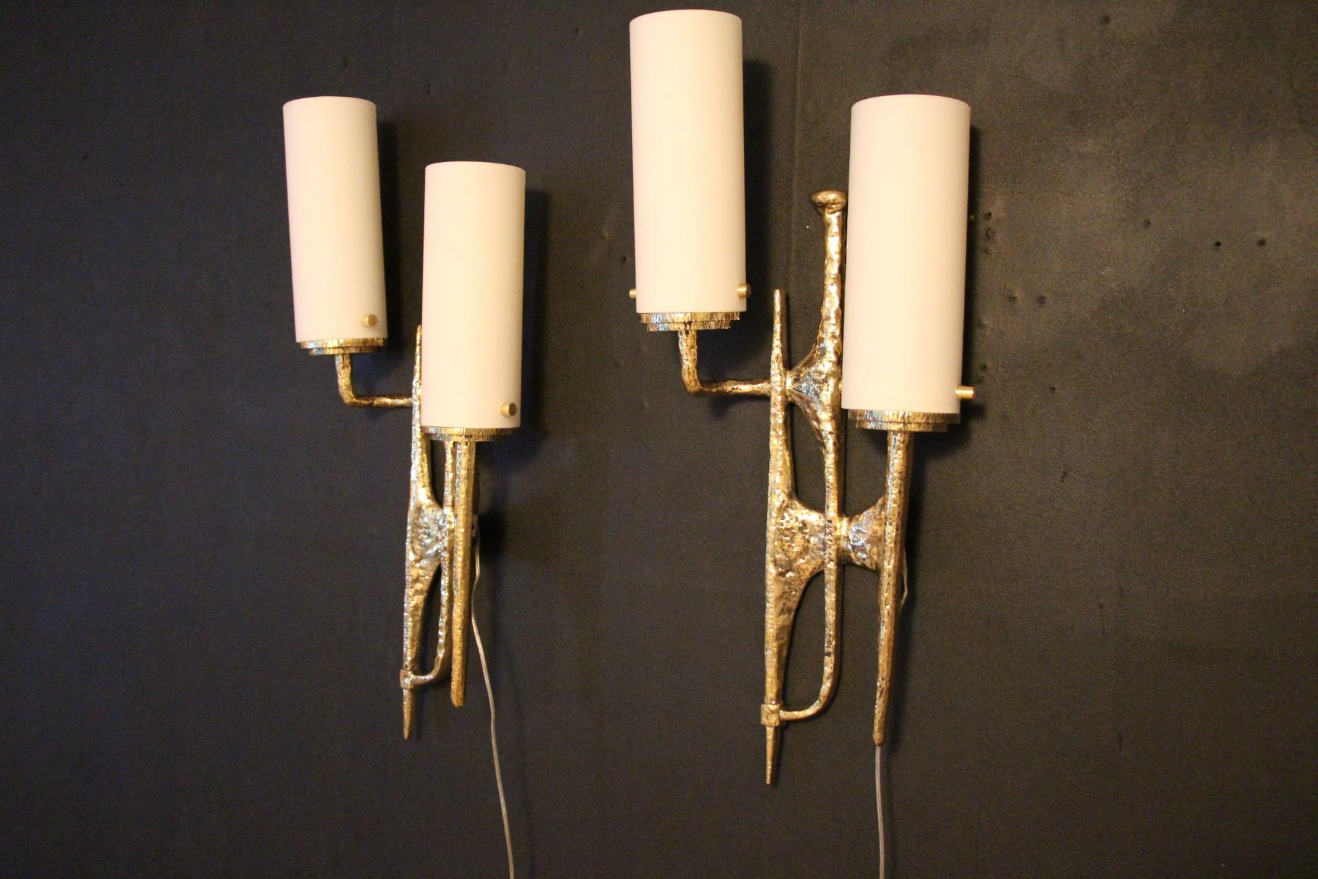 Modern Midcentury Pair of Felix Agostini Maison Arlus Style Bronze Wall Sconces For Sale 9