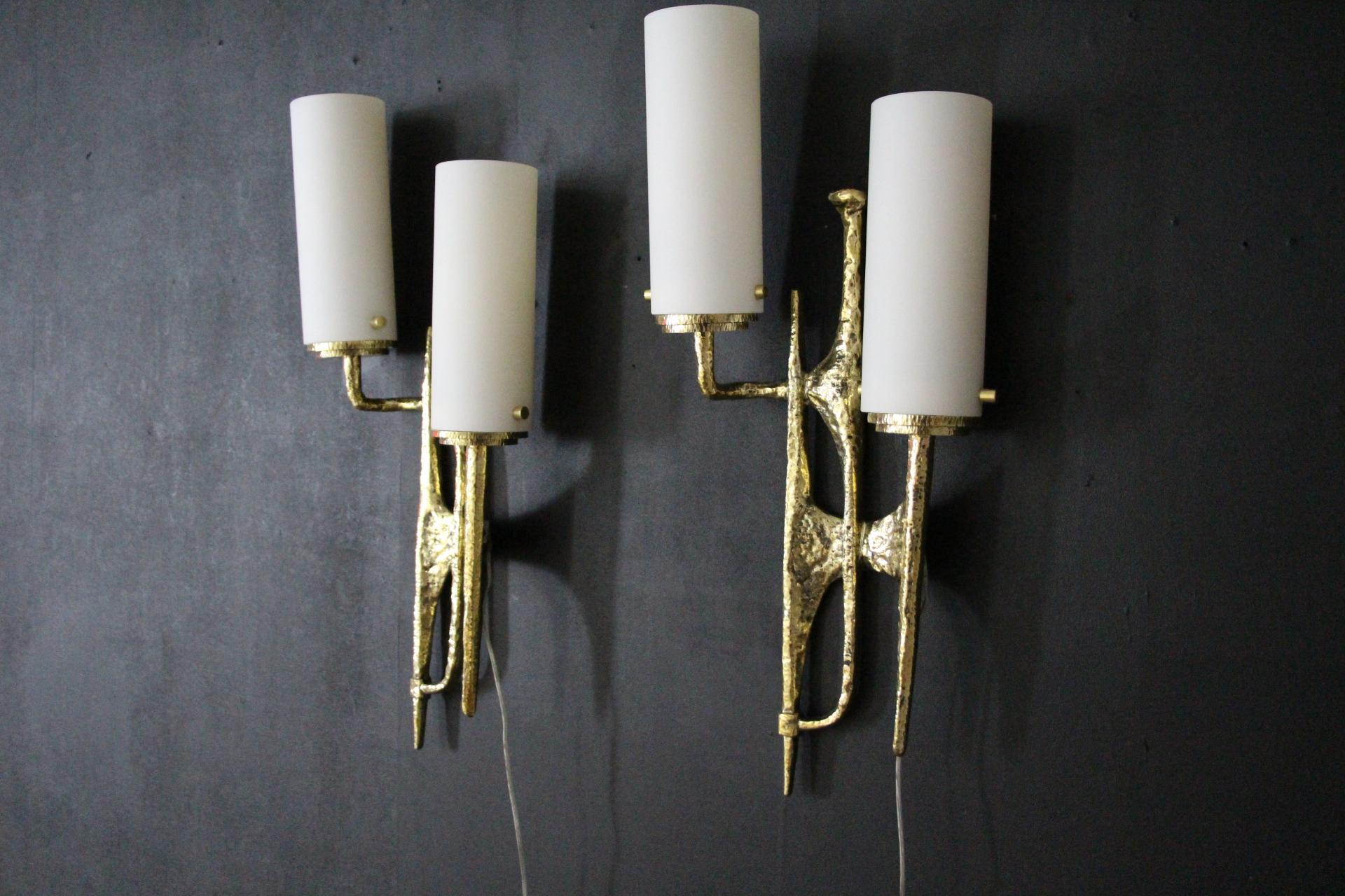 Modern Midcentury Pair of Felix Agostini Maison Arlus Style Bronze Wall Sconces For Sale 10