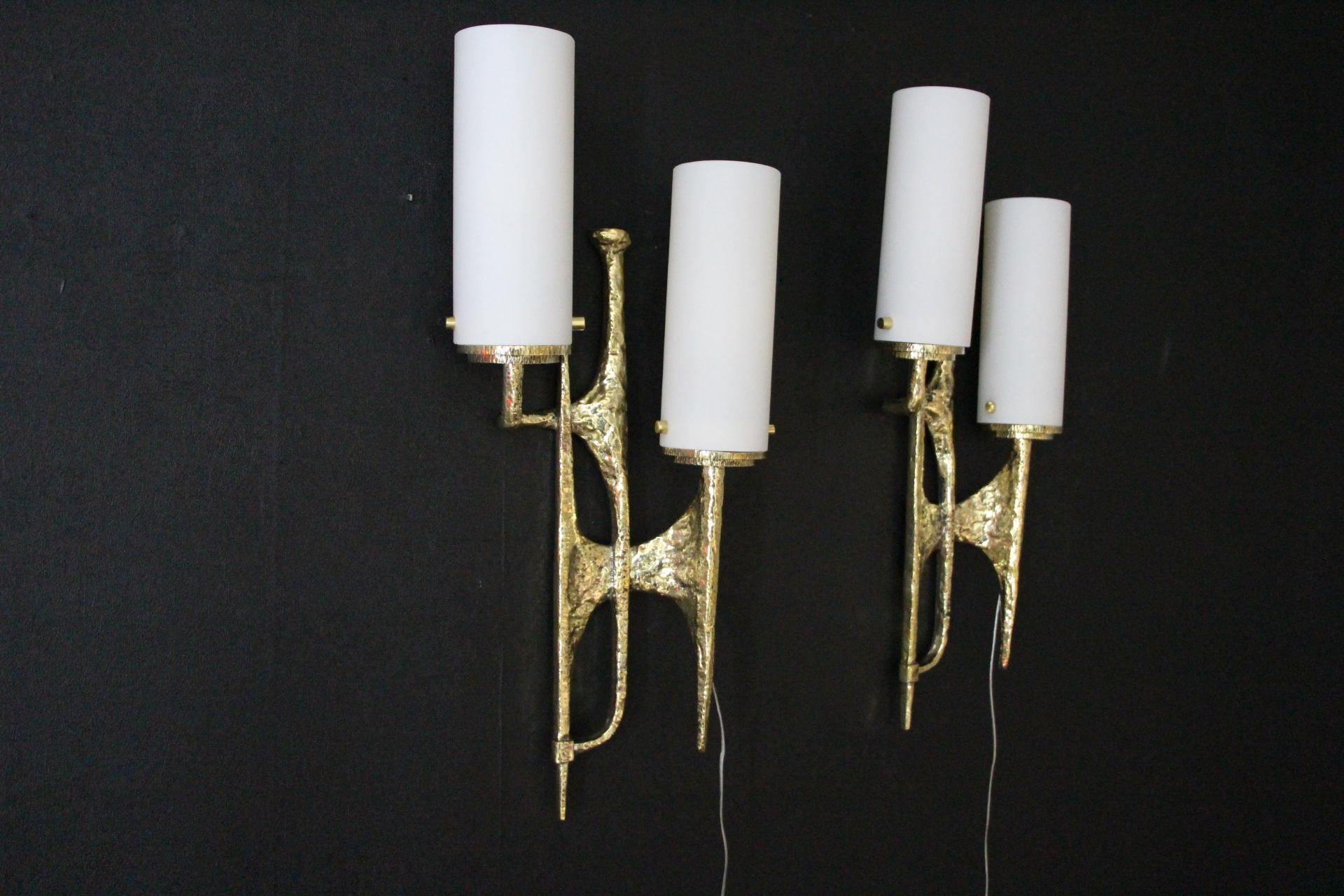 Modern Midcentury Pair of Felix Agostini Maison Arlus Style Bronze Wall Sconces For Sale 11