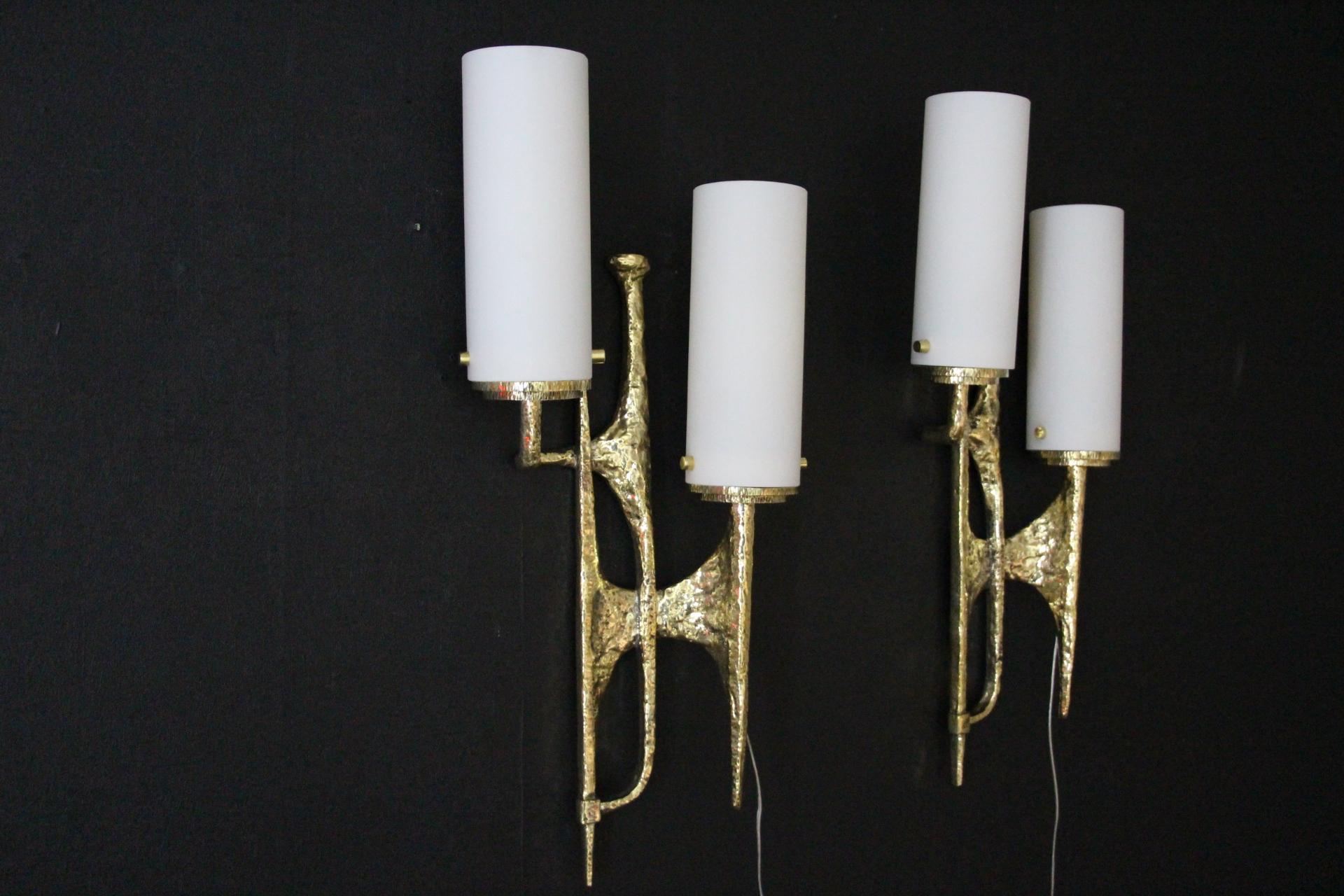 Modern Midcentury Pair of Felix Agostini Maison Arlus Style Bronze Wall Sconces For Sale 2