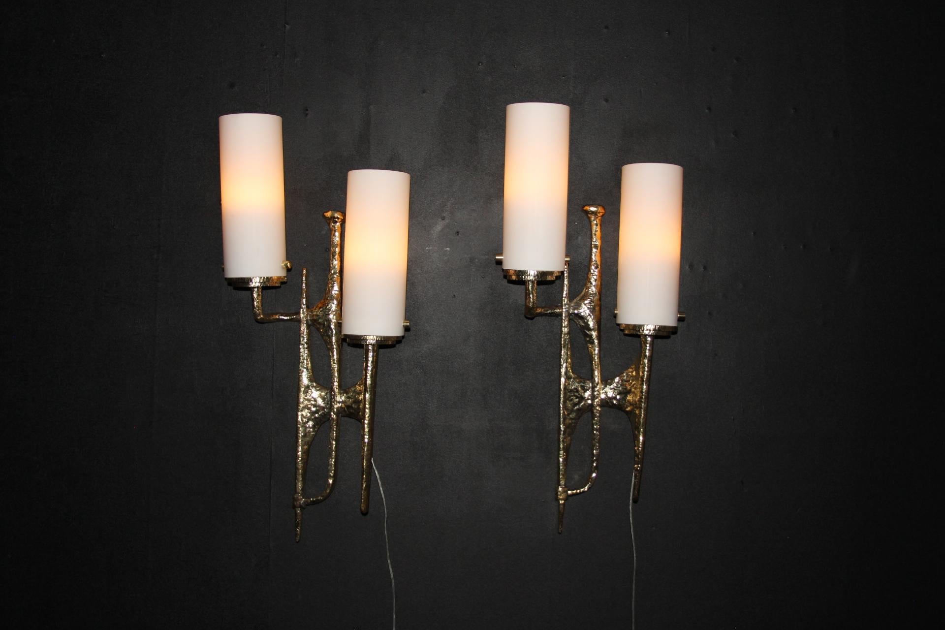 Modern Midcentury Pair of Felix Agostini Maison Arlus Style Bronze Wall Sconces For Sale 3