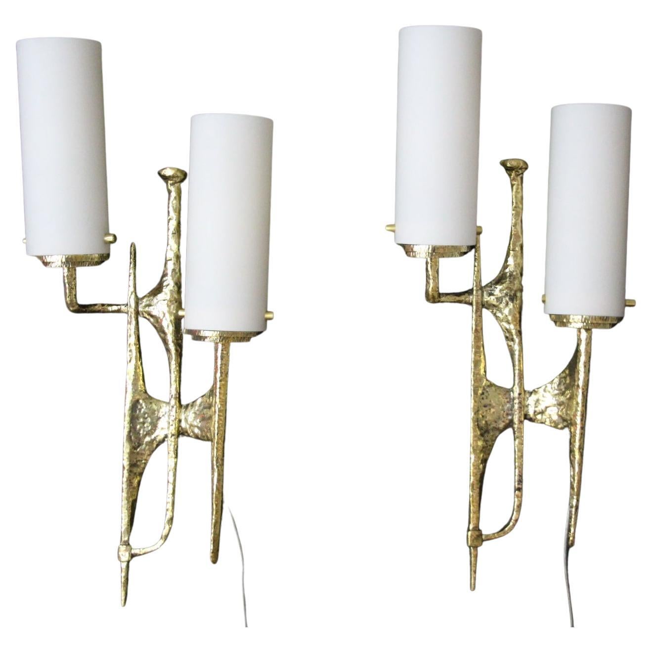 Modern Midcentury Pair of Felix Agostini Maison Arlus Style Bronze Wall Sconces