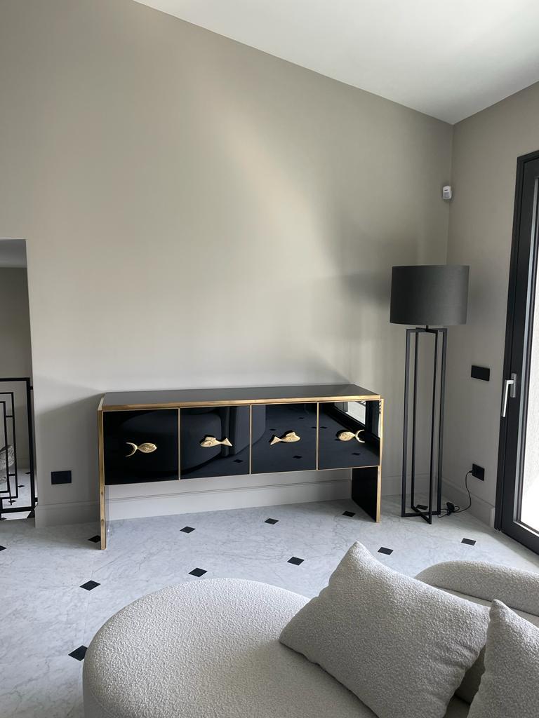 Modern Midcentury Style Black Glass and Brass Sideboard or Credenza For Sale 5