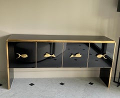 Modern Midcentury Style Black Glass and Brass Sideboard or Credenza