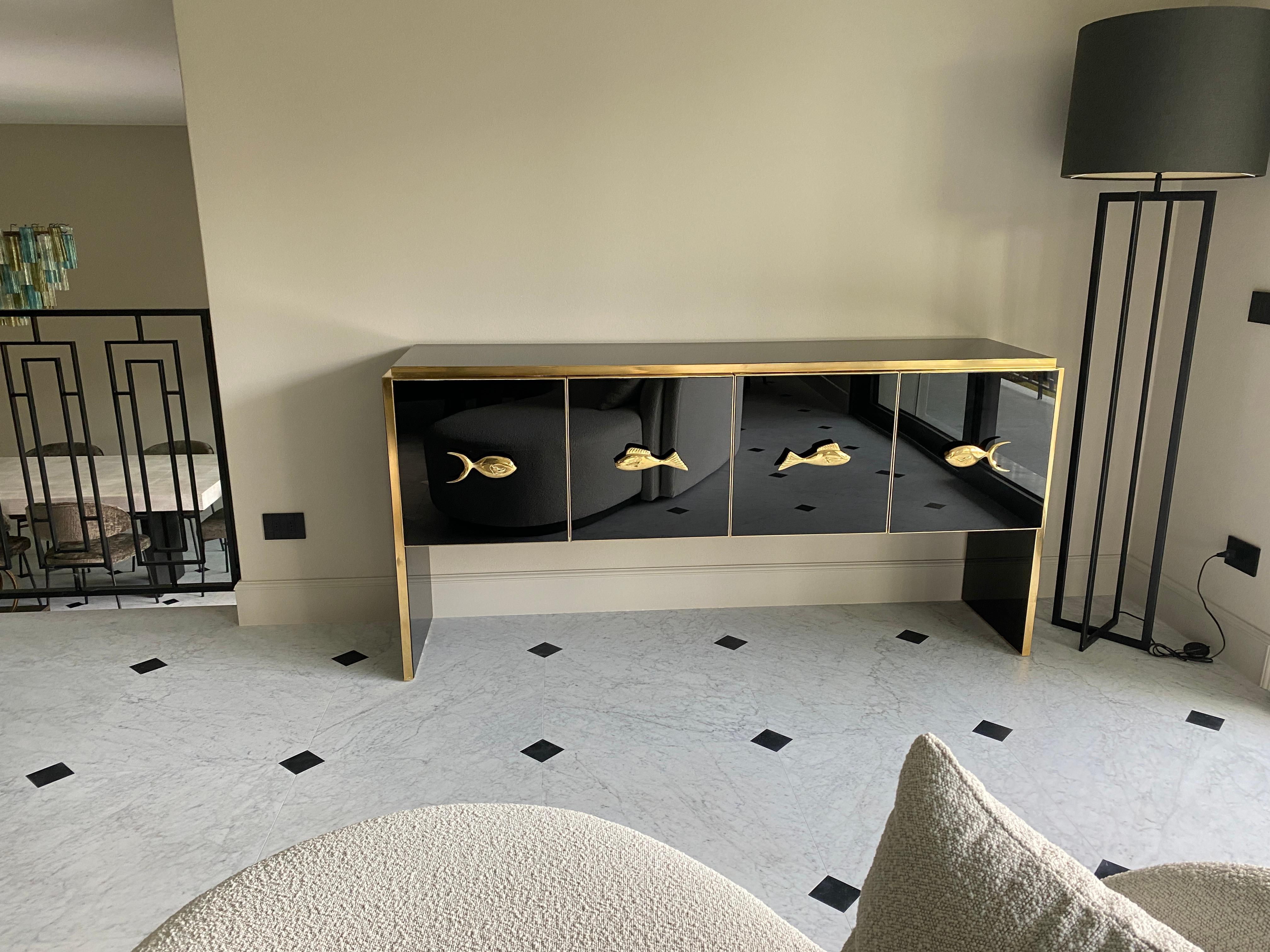 Mid-Century Modern Modern Midcentury Style Black Glass and Brass Sideboard or Credenza For Sale