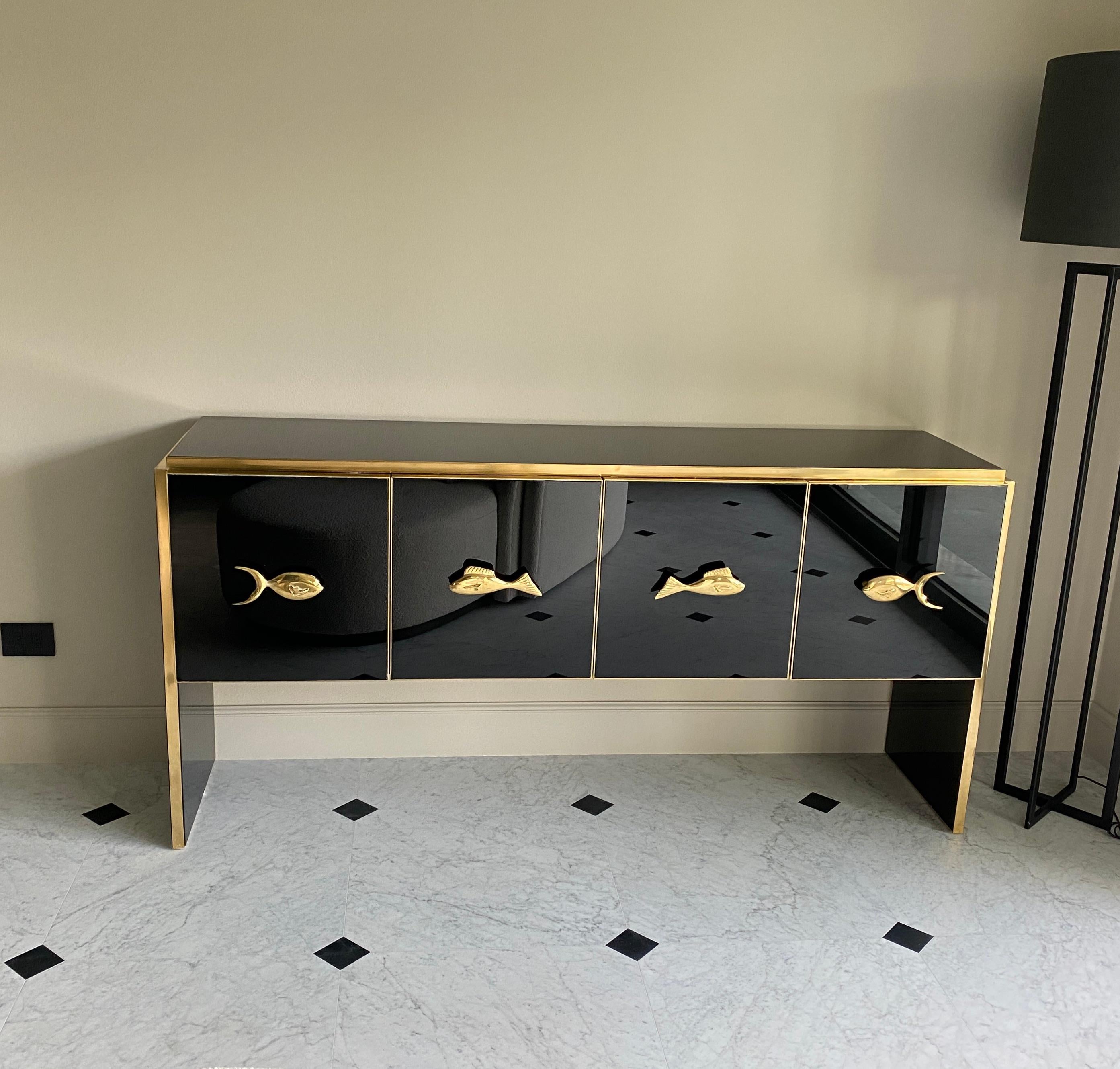 Modern Midcentury Style Black Glass and Brass Sideboard or Credenza  In New Condition For Sale In Rome, IT