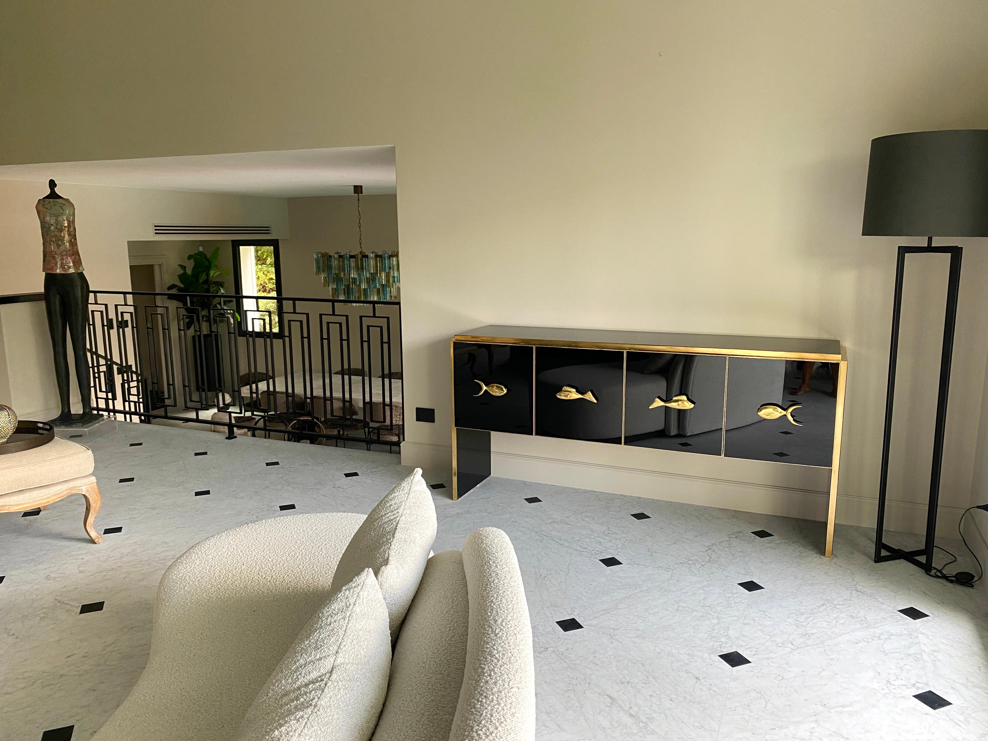 Contemporary Modern Midcentury Style Black Glass and Brass Sideboard or Credenza For Sale