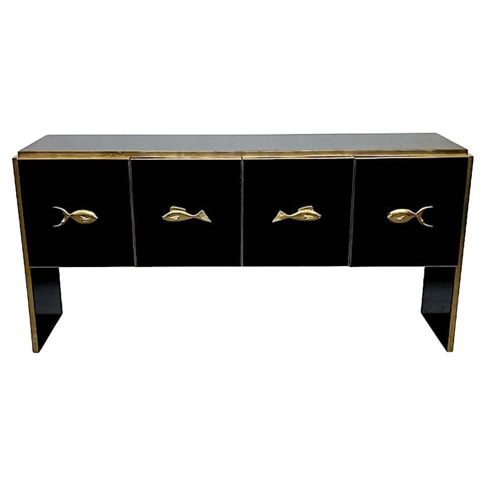 Modern Midcentury Style Black Glass and Brass Sideboard or Credenza