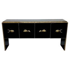 Modern Midcentury Style Black Glass and Brass Sideboard or Credenza