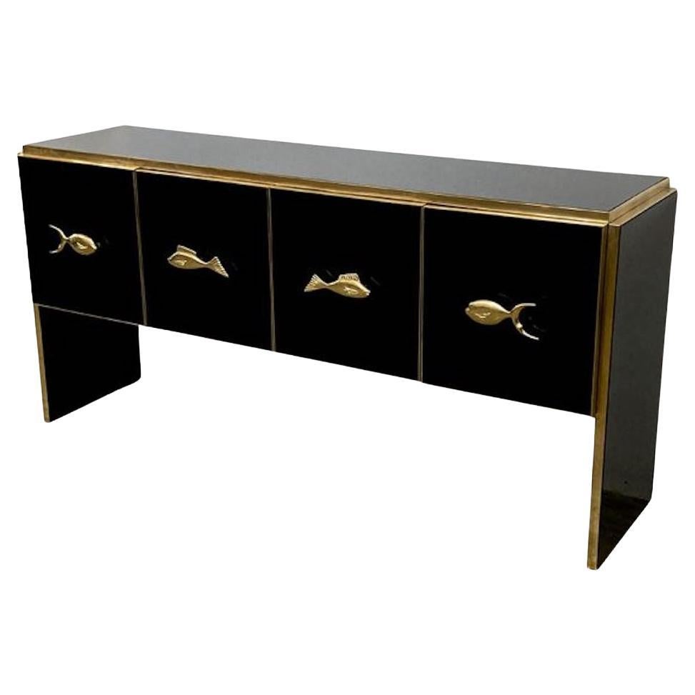 Modern Midcentury Style Black Glass and Brass Sideboard or Credenza