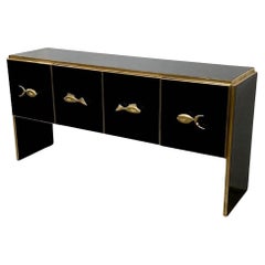 Modern Midcentury Style Black Glass and Brass Sideboard or Credenza