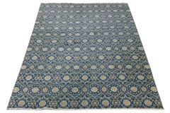 Modern Midnight Blue Ikat Style Hand-Knotted Wool Area Rug 13x20