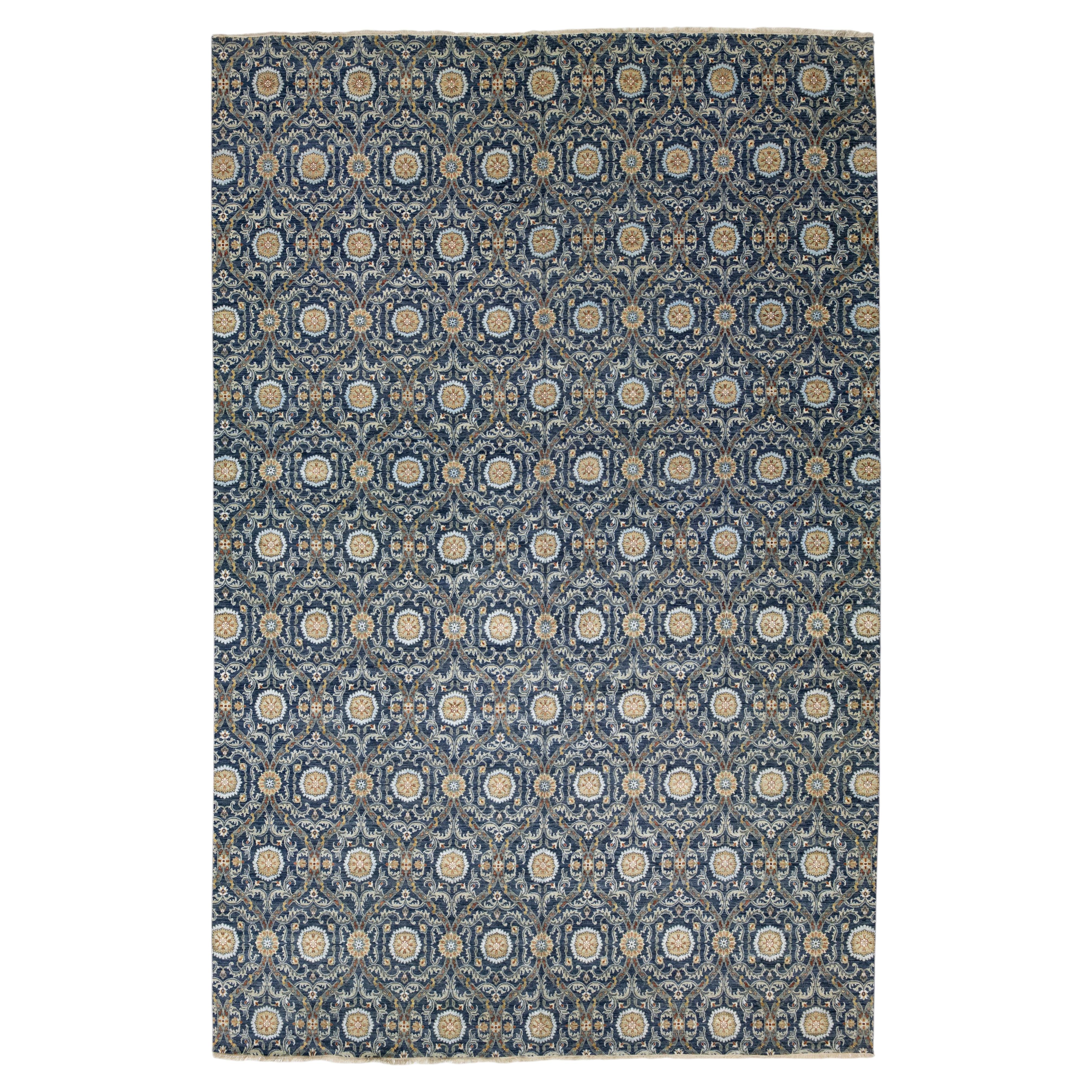 Modern Midnight Blue Ikat Style Hand-Knotted Wool Area Rug 13x20