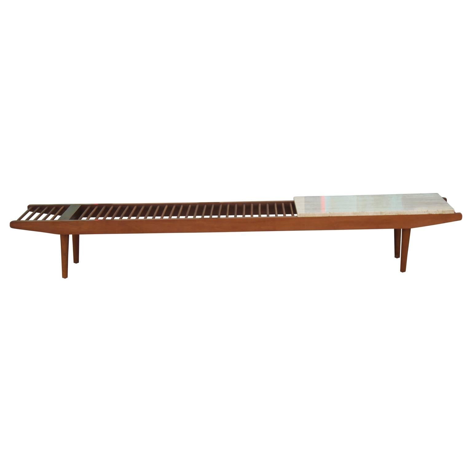 Modern and unique dowel bench with a travertine top designed by Milo Baughman for Glenn of California.