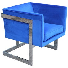 Modern Milo Baughman for Thayer Coggin Blue Velvet and Chrome Cube Lounge Chair