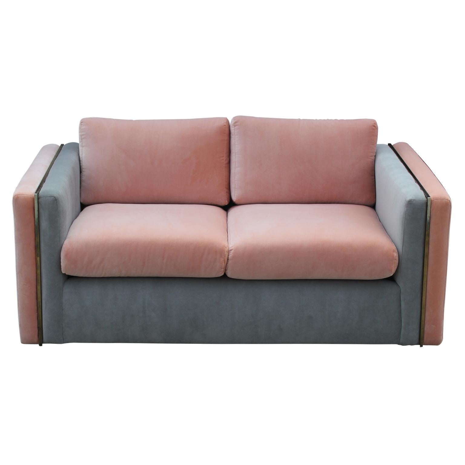 Modern sofa by Milo Baughman for Thayer Coggin freshly upholstered in lush pink and grey velvet. Perfect addition to any space in search of a modern and clean look.