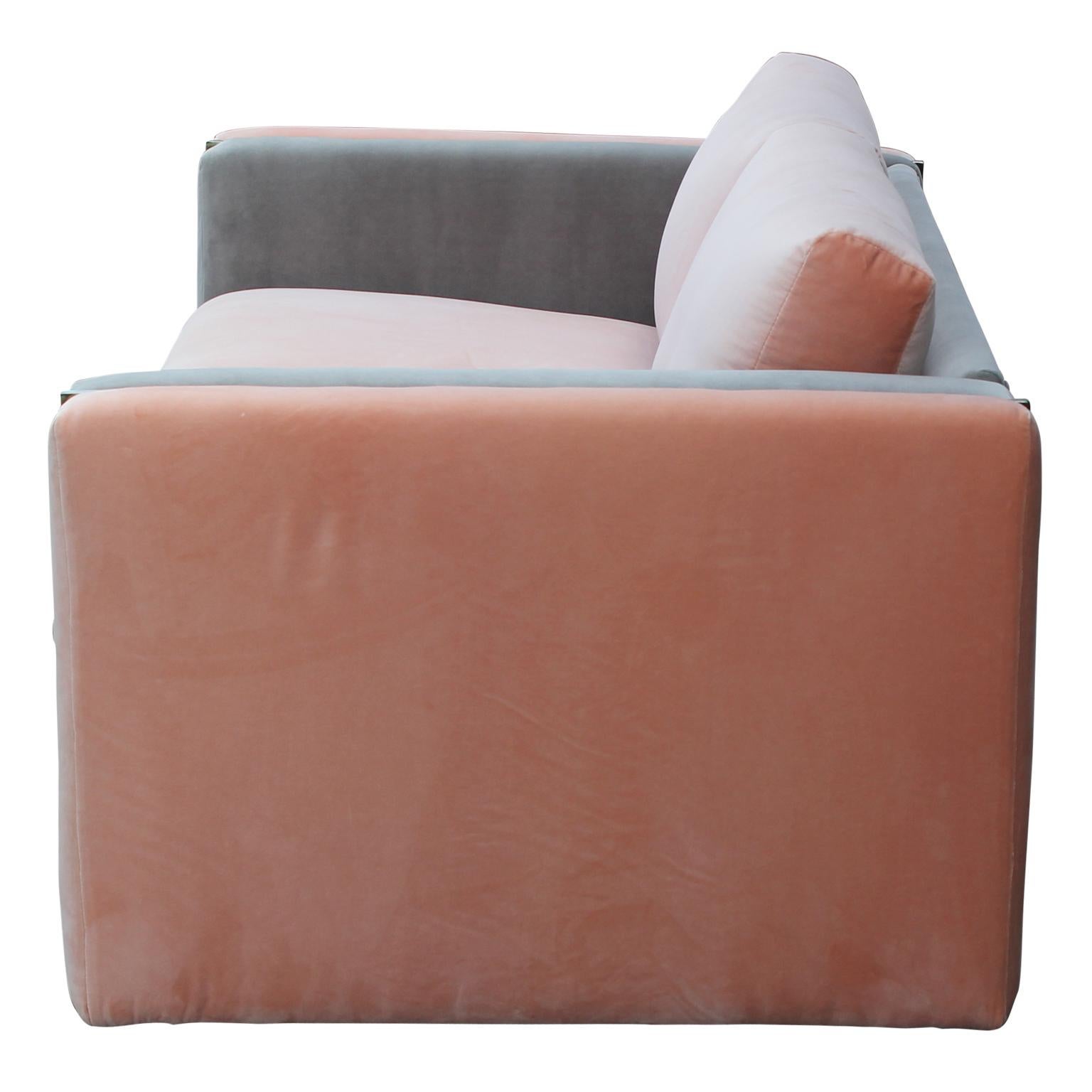 Modern Milo Baughman for Thayer Coggin Pink and Grey Velvet Two Tone Sofa In Excellent Condition In Houston, TX