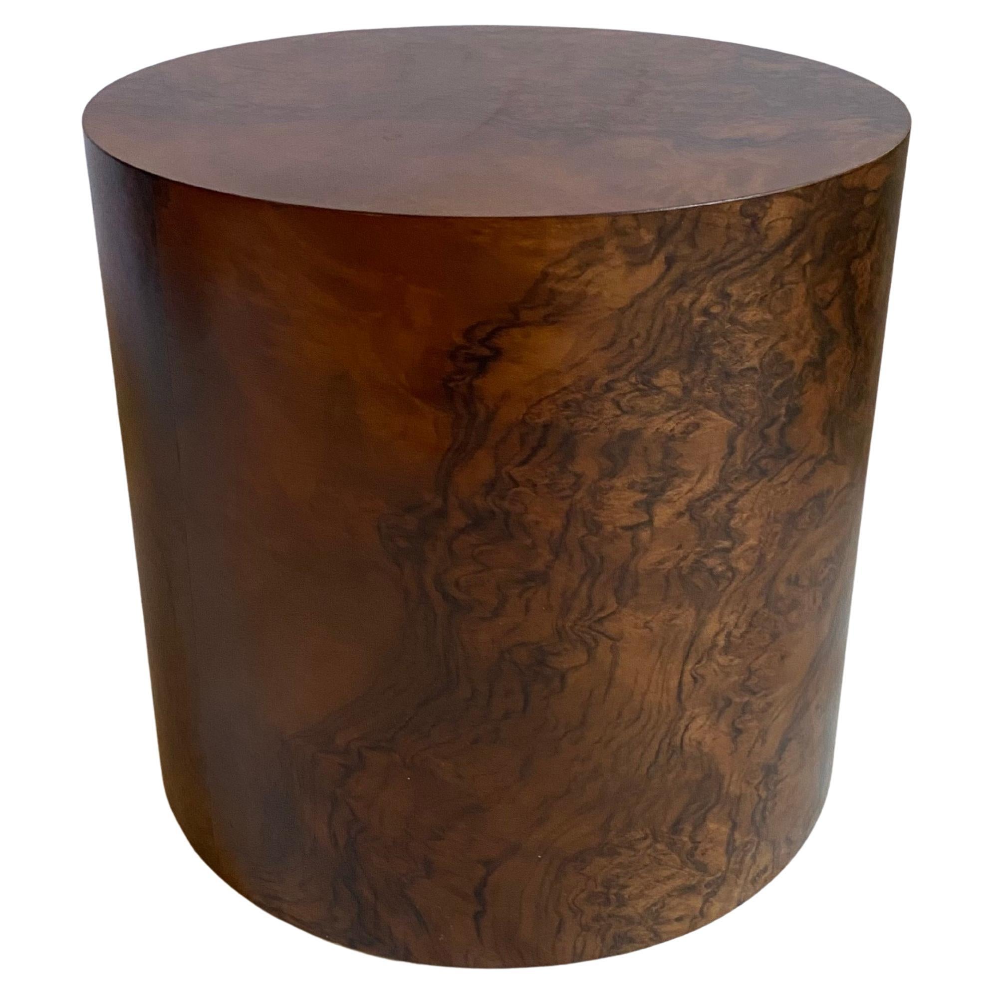Veneer Modern Milo Baughman Style Burl Wood Drum Side Table For Sale