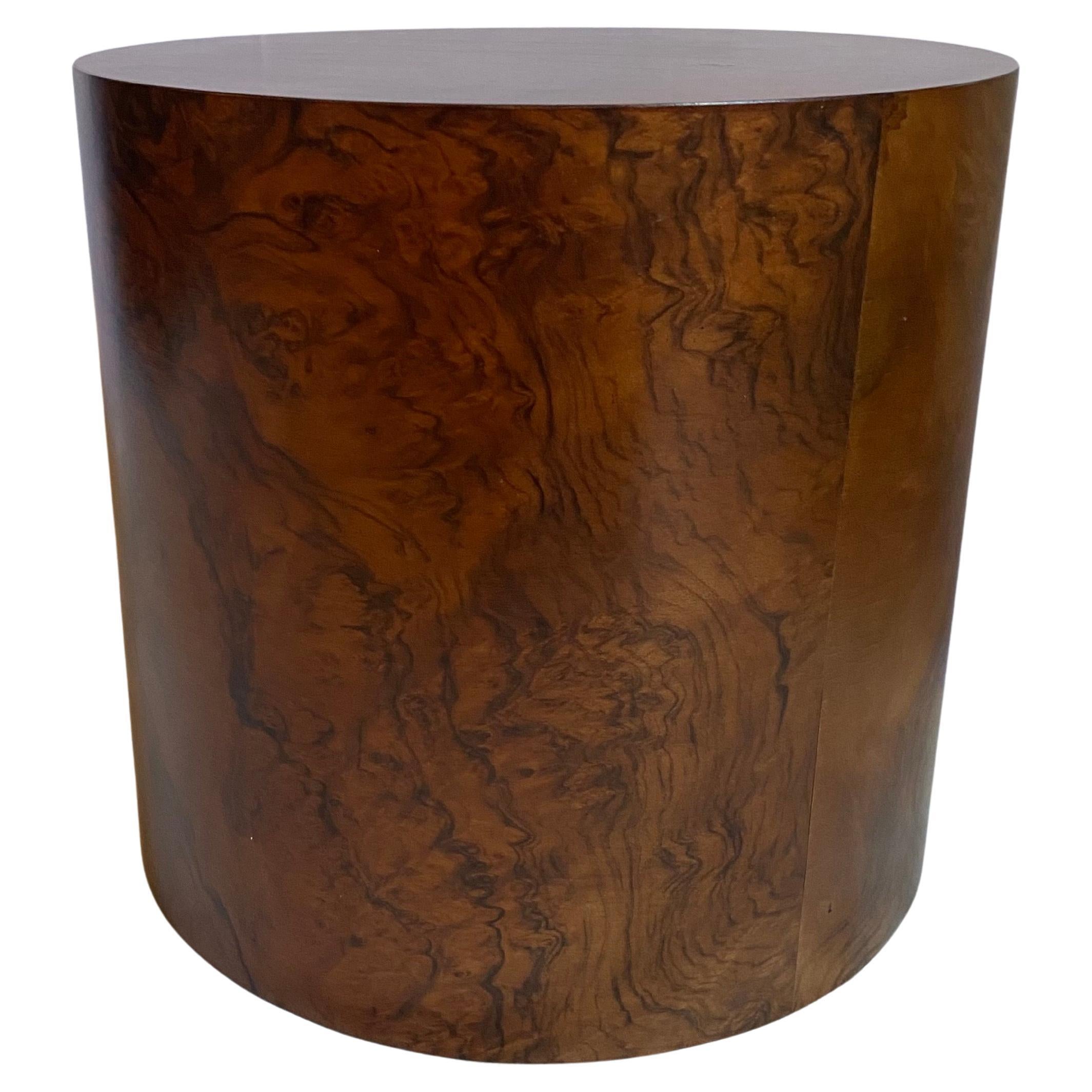 Modern Milo Baughman Style Burl Wood Drum Side Table In Good Condition For Sale In Lambertville, NJ