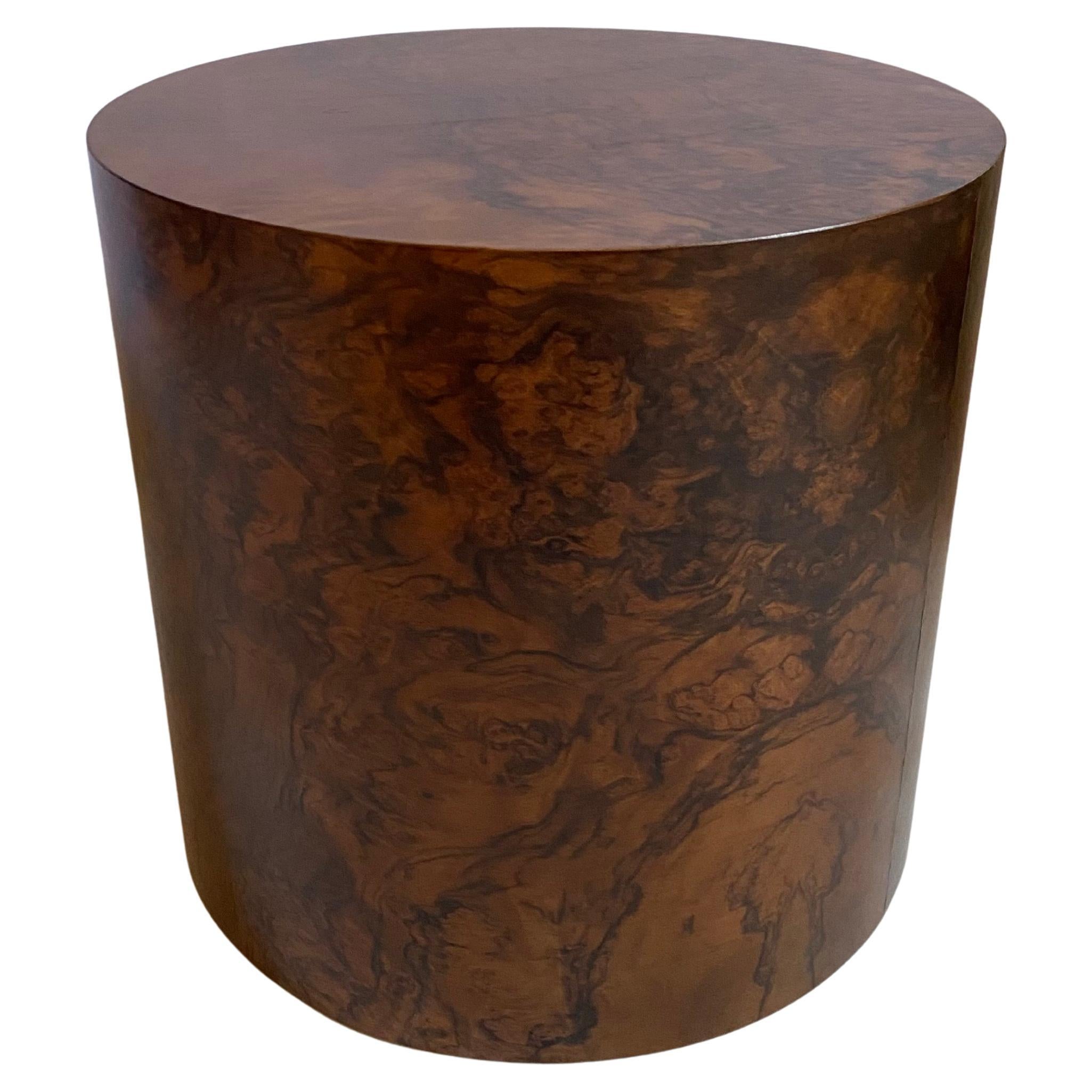20th Century Modern Milo Baughman Style Burl Wood Drum Side Table For Sale