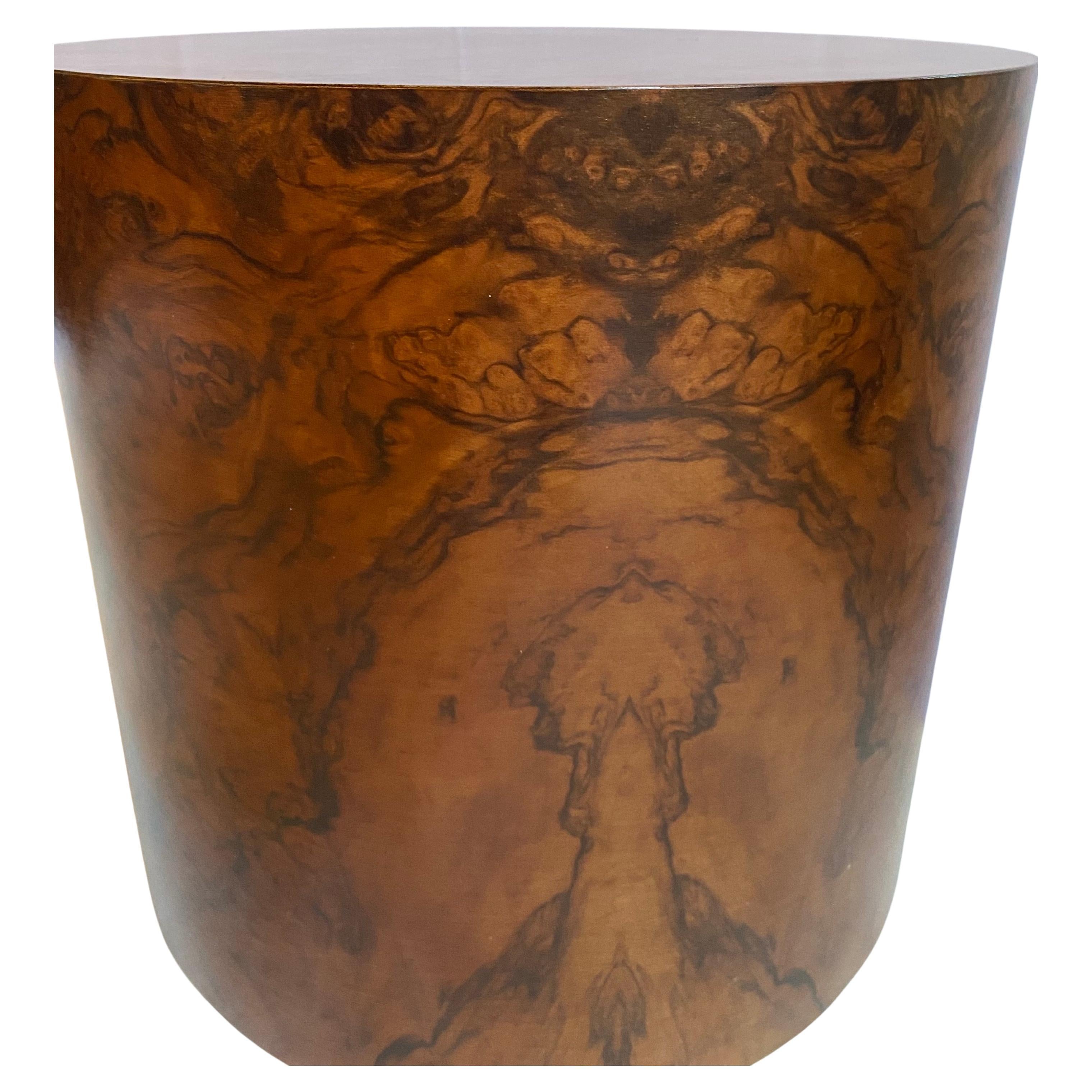 Modern Milo Baughman Style Burl Wood Drum Side Table For Sale 1