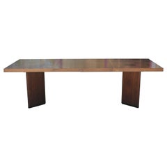 Modern Milo Baughman Style Walnut Parquetry Dining Table with Two Leaves