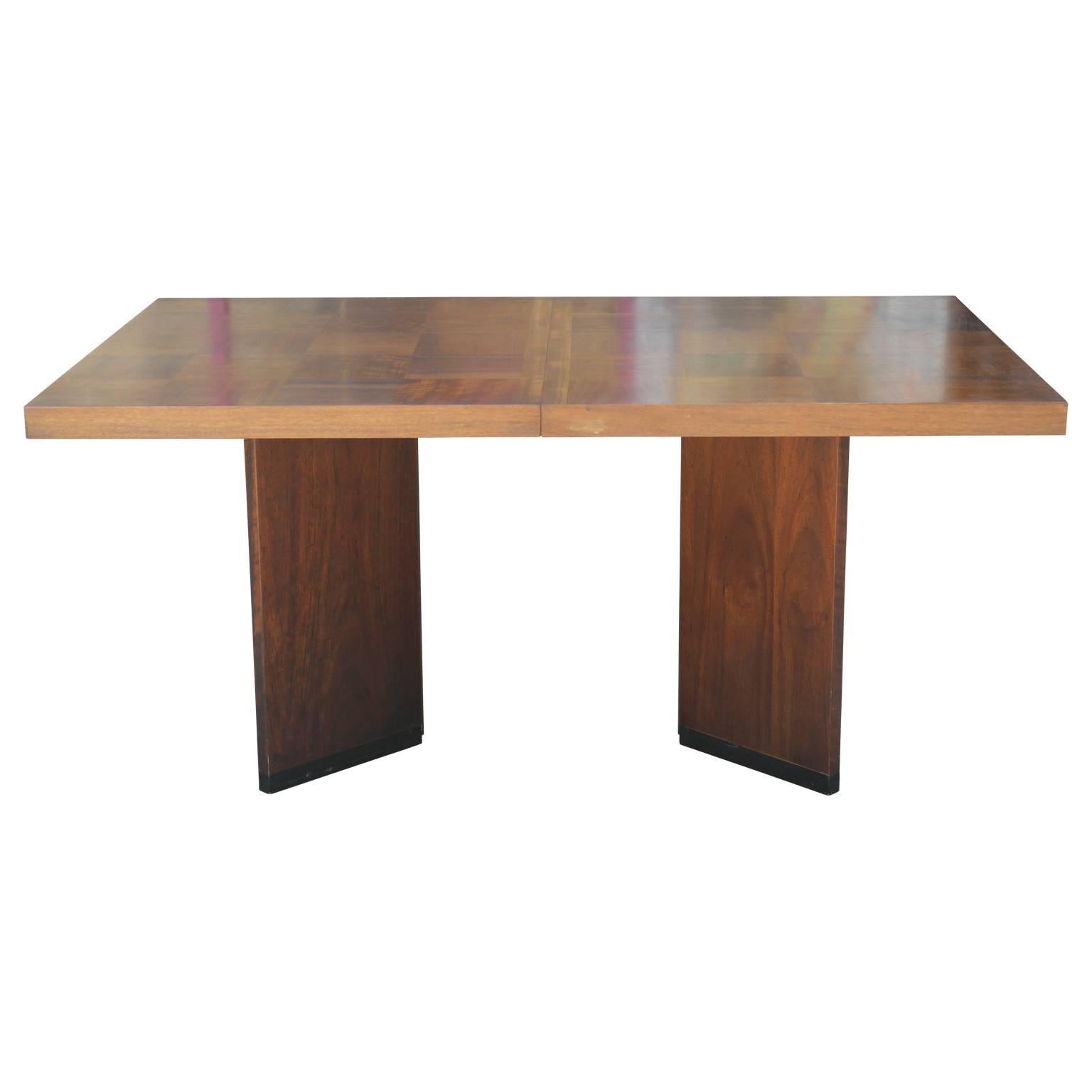 Modern Milo Baughman Style Walnut Parquetry Dining Table with Two Leaves In Excellent Condition In Houston, TX