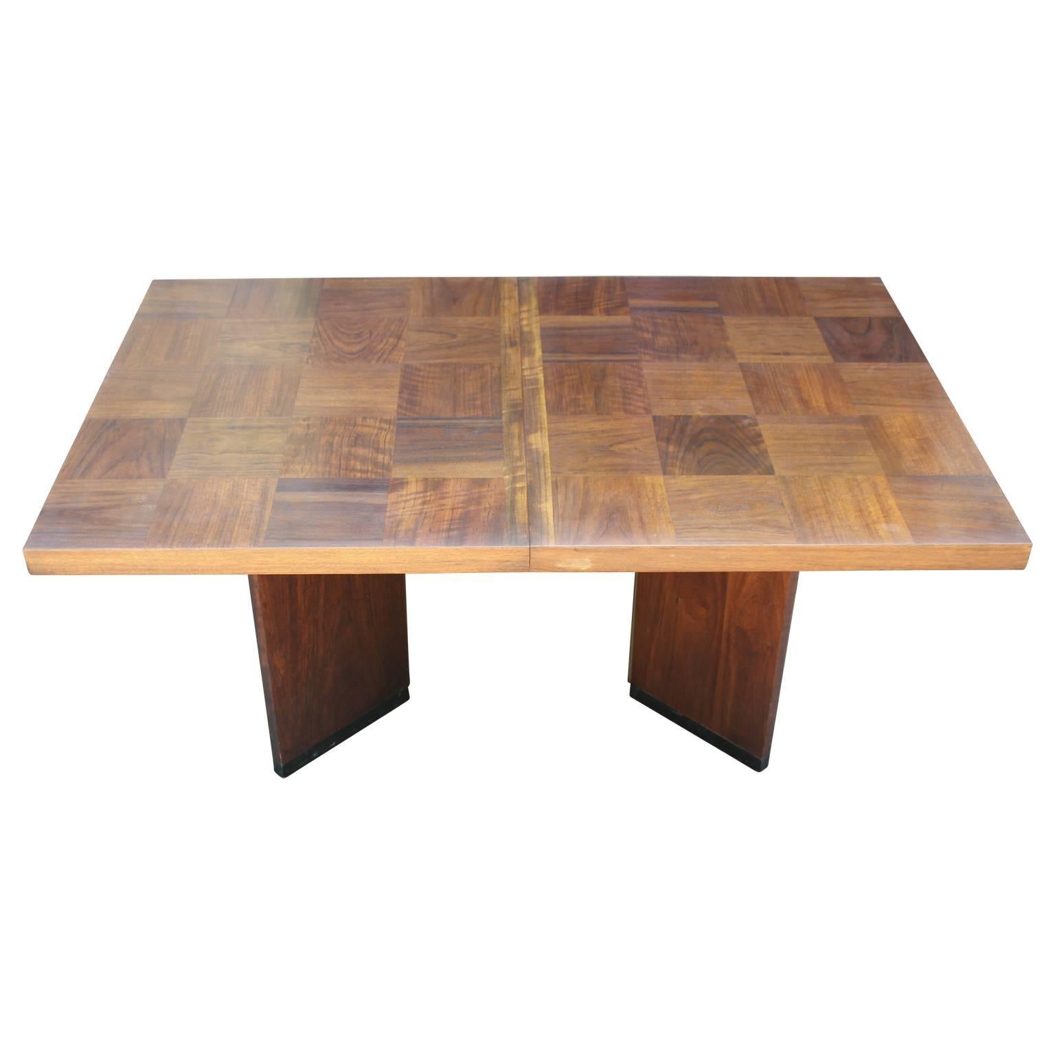 Mid-20th Century Modern Milo Baughman Style Walnut Parquetry Dining Table with Two Leaves