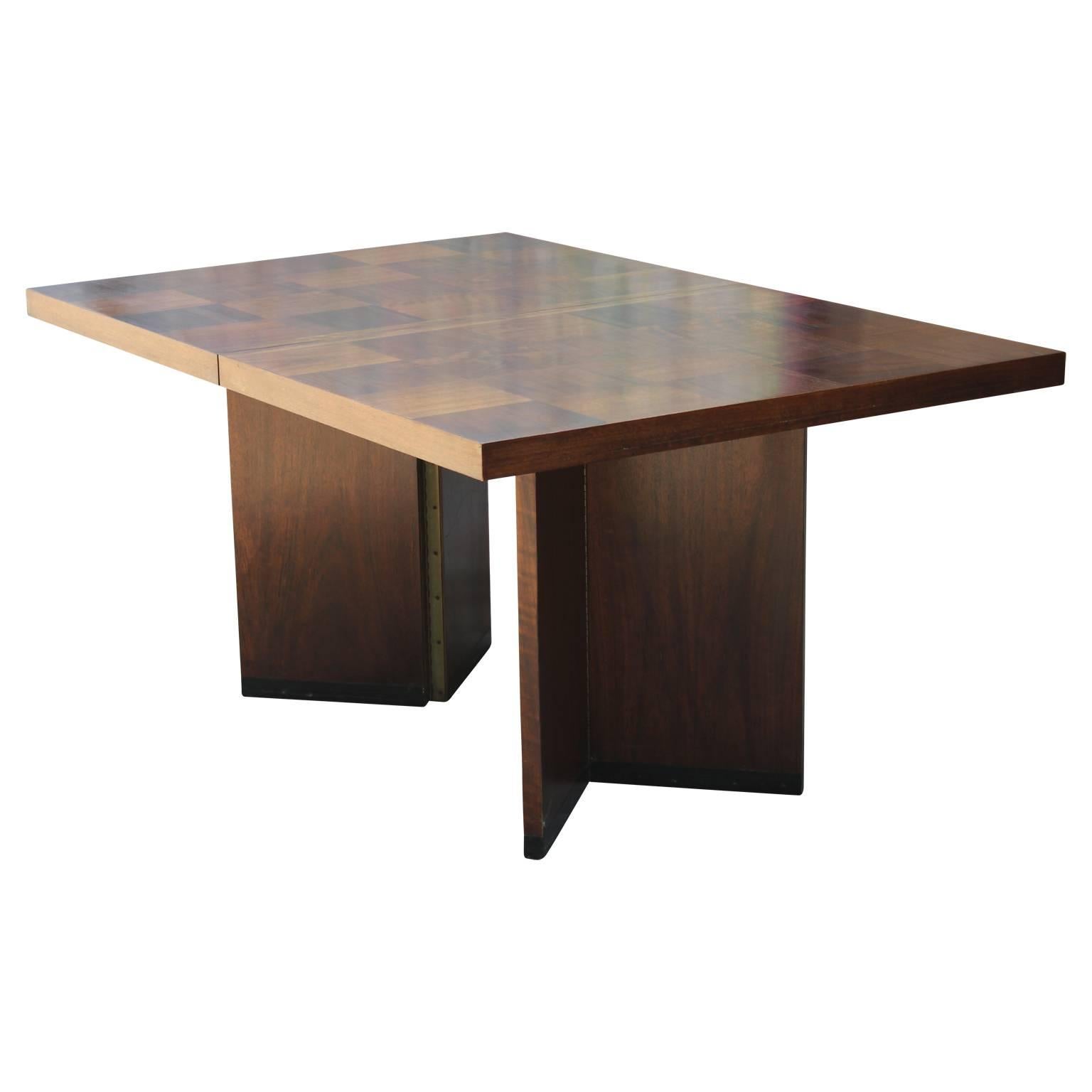 Modern Milo Baughman Style Walnut Parquetry Dining Table with Two Leaves 1