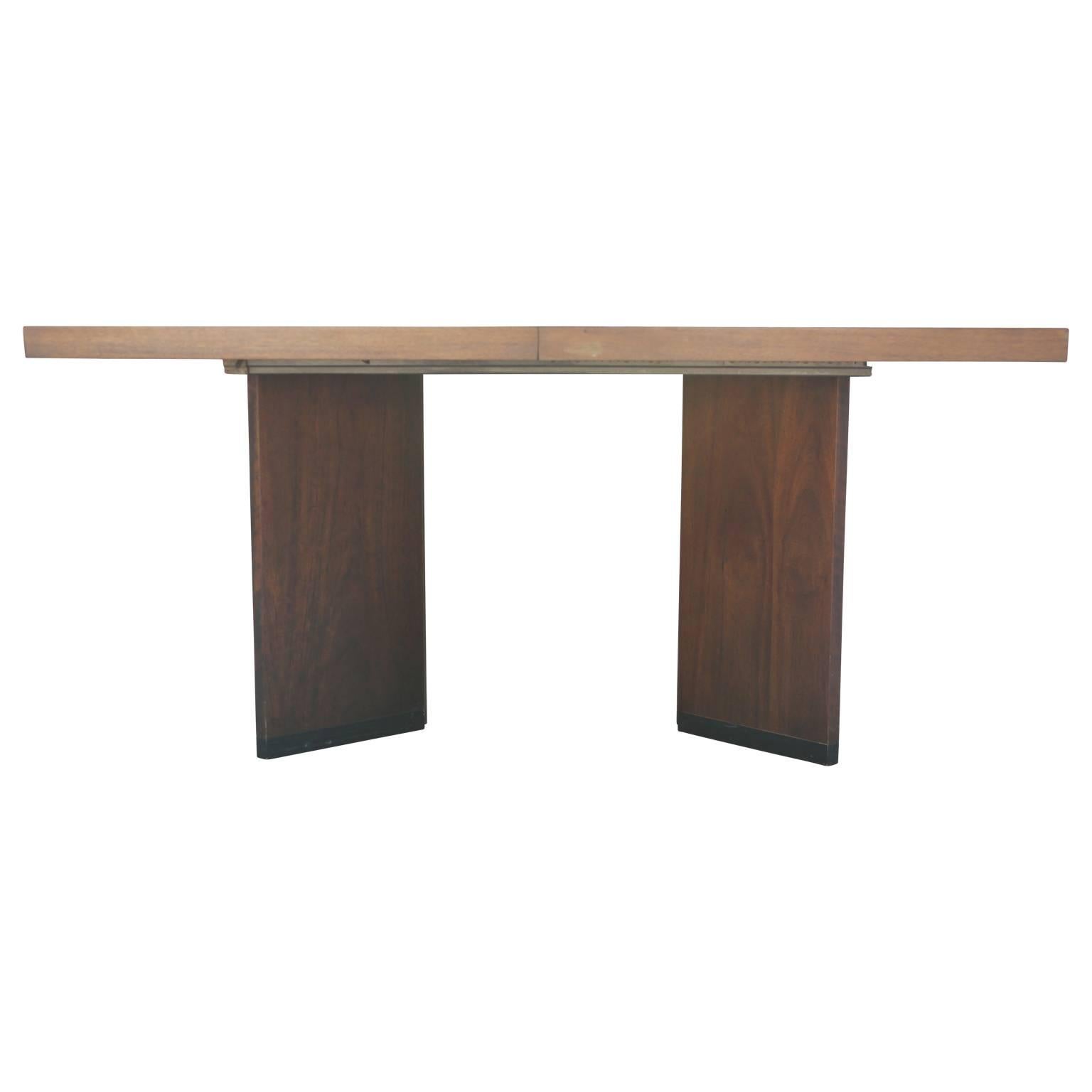 Modern Milo Baughman Style Walnut Parquetry Dining Table with Two Leaves 2
