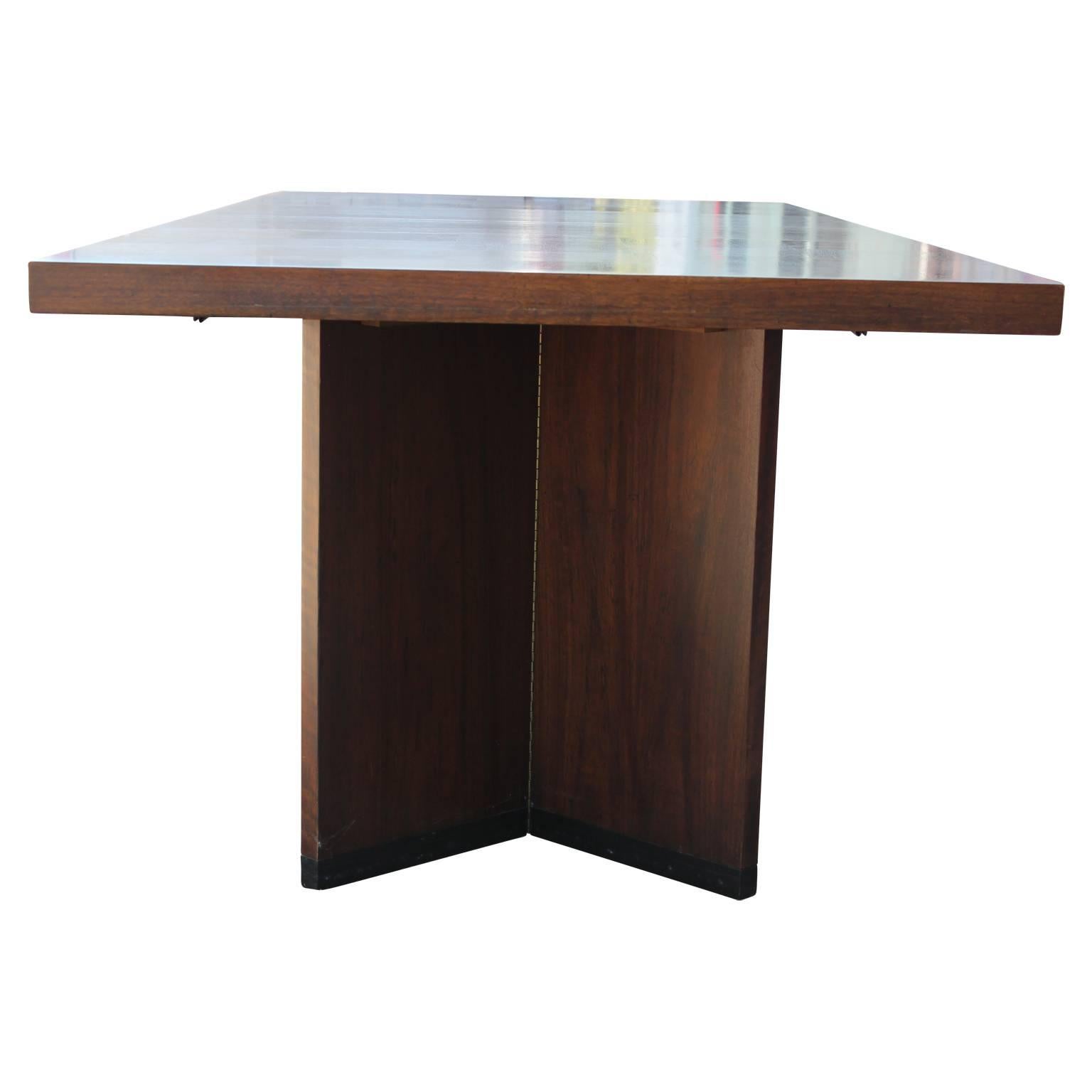 Modern Milo Baughman Style Walnut Parquetry Dining Table with Two Leaves 3